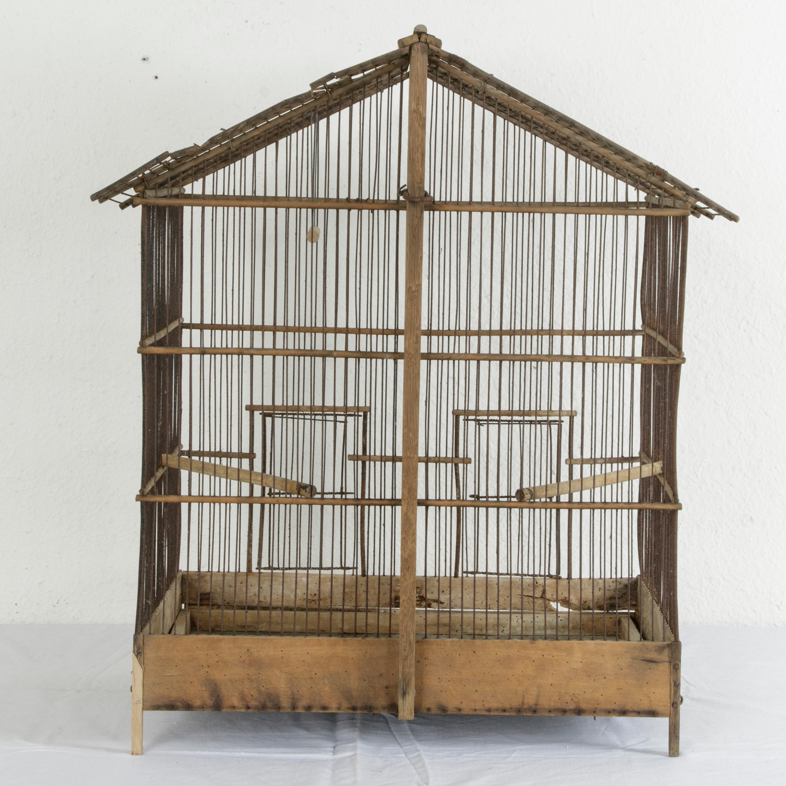 French Artisan Made Oak and Wire Bird Cage with Two Compartments and Divider In Good Condition In Fayetteville, AR