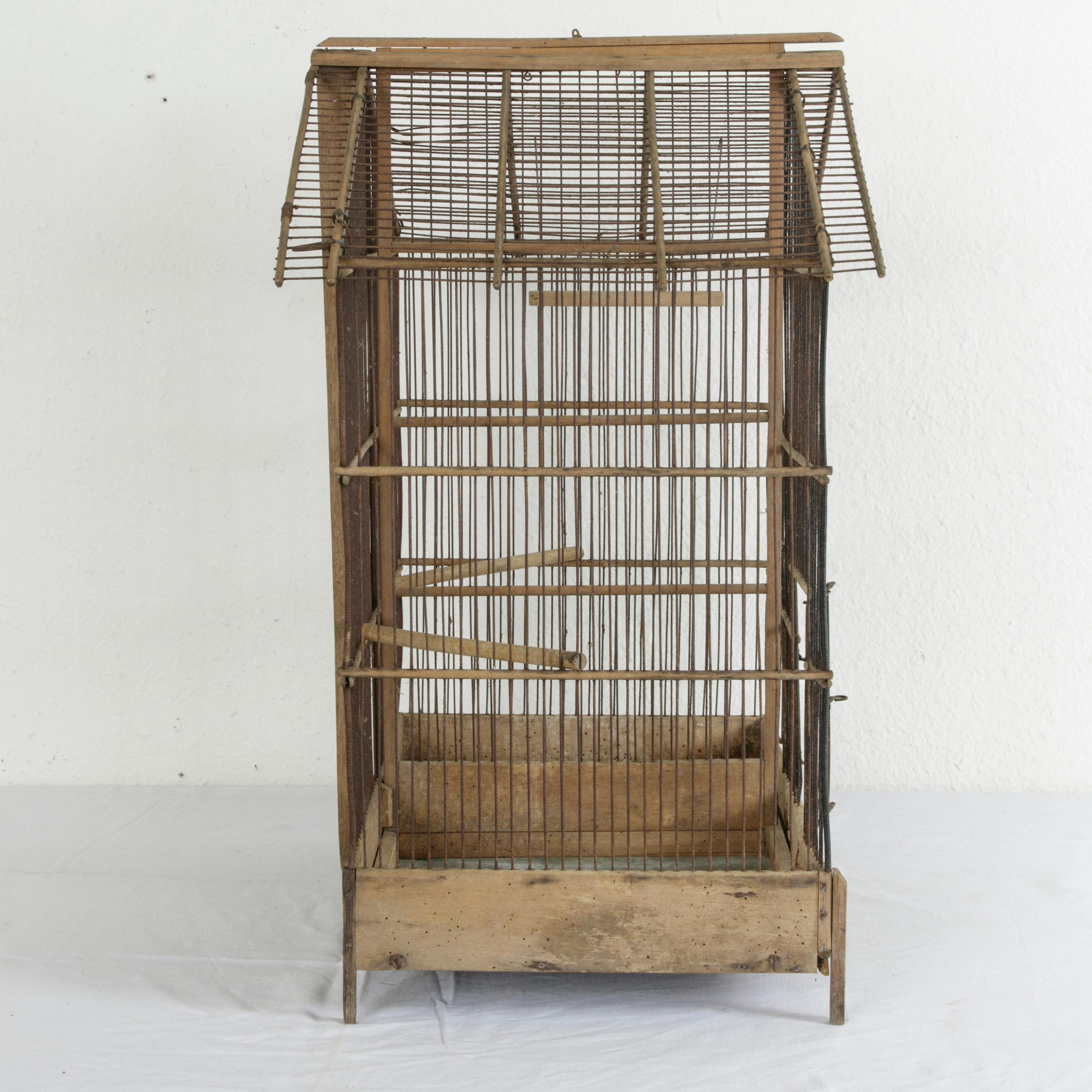 20th Century French Artisan Made Oak and Wire Bird Cage with Two Compartments and Divider