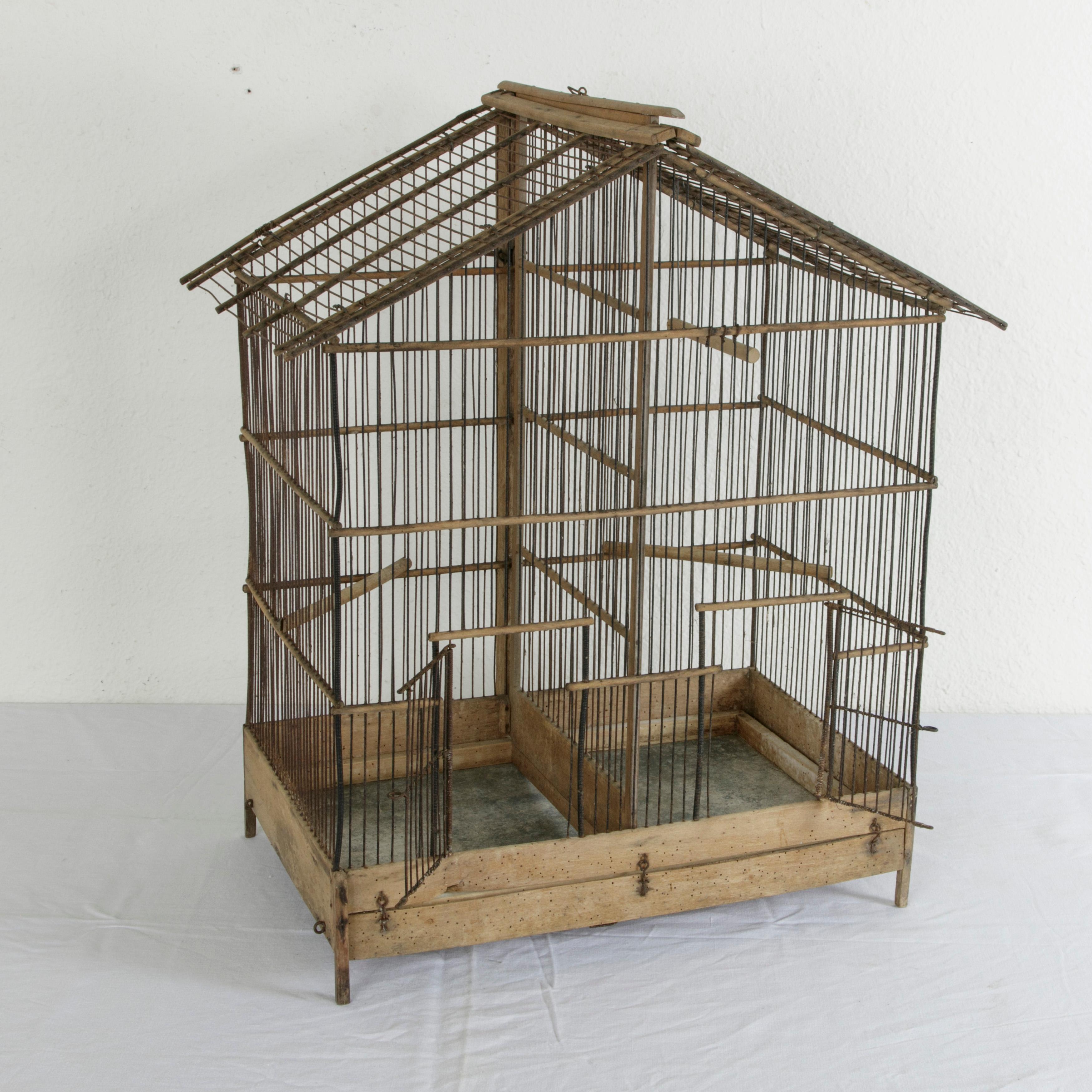 French Artisan Made Oak and Wire Bird Cage with Two Compartments and Divider 1