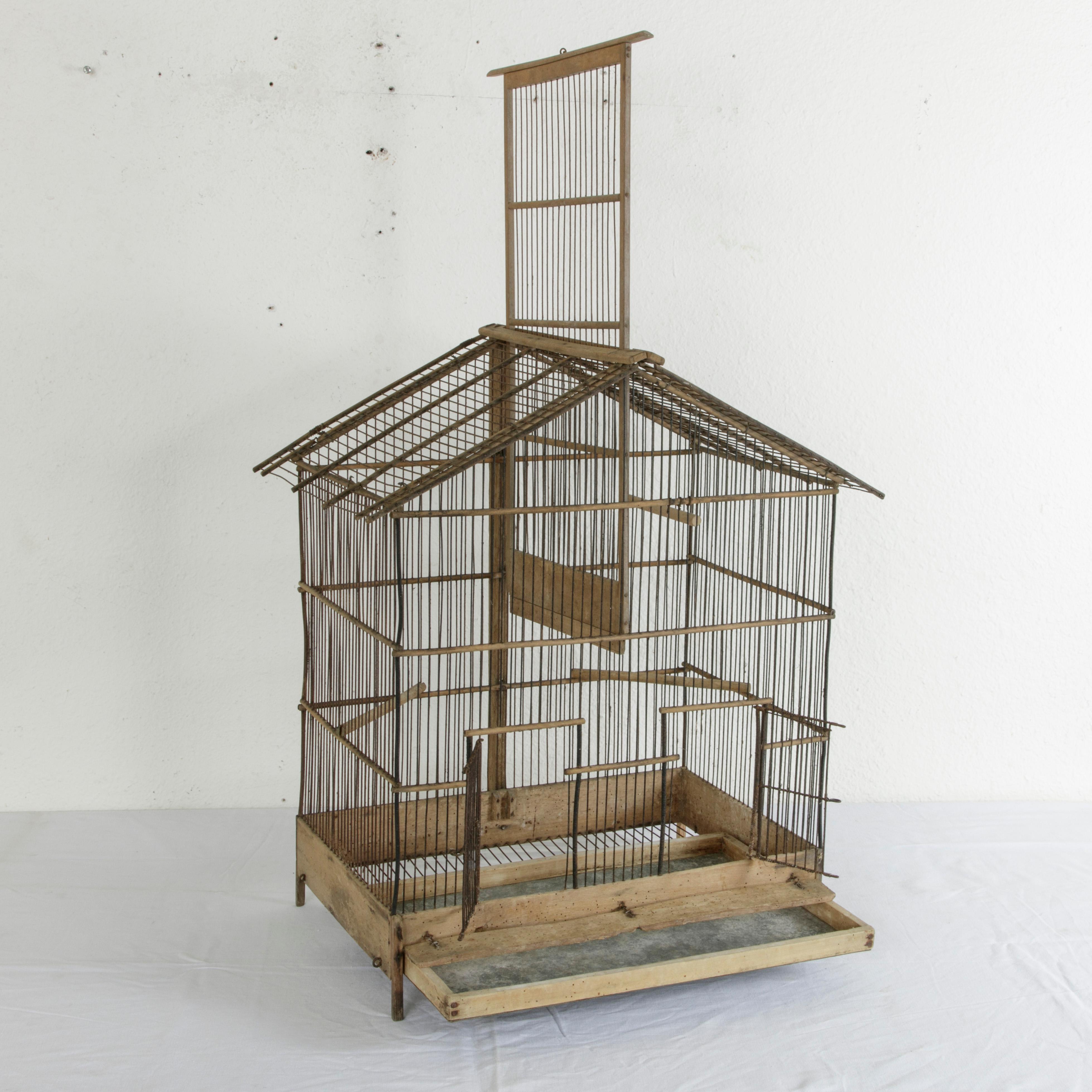 French Artisan Made Oak and Wire Bird Cage with Two Compartments and Divider 2