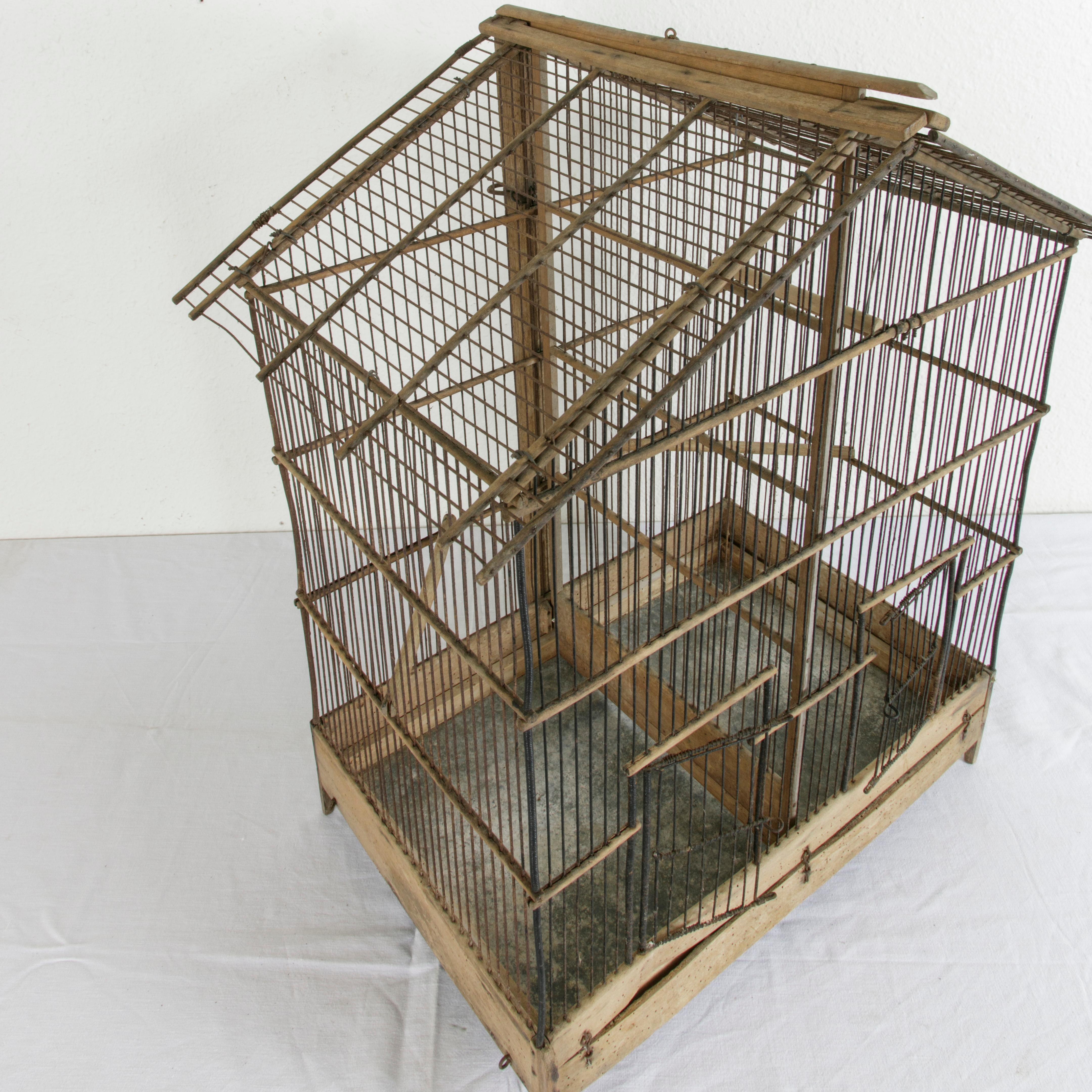 French Artisan Made Oak and Wire Bird Cage with Two Compartments and Divider 3