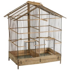 French Artisan Made Oak and Wire Bird Cage with Two Compartments and Divider