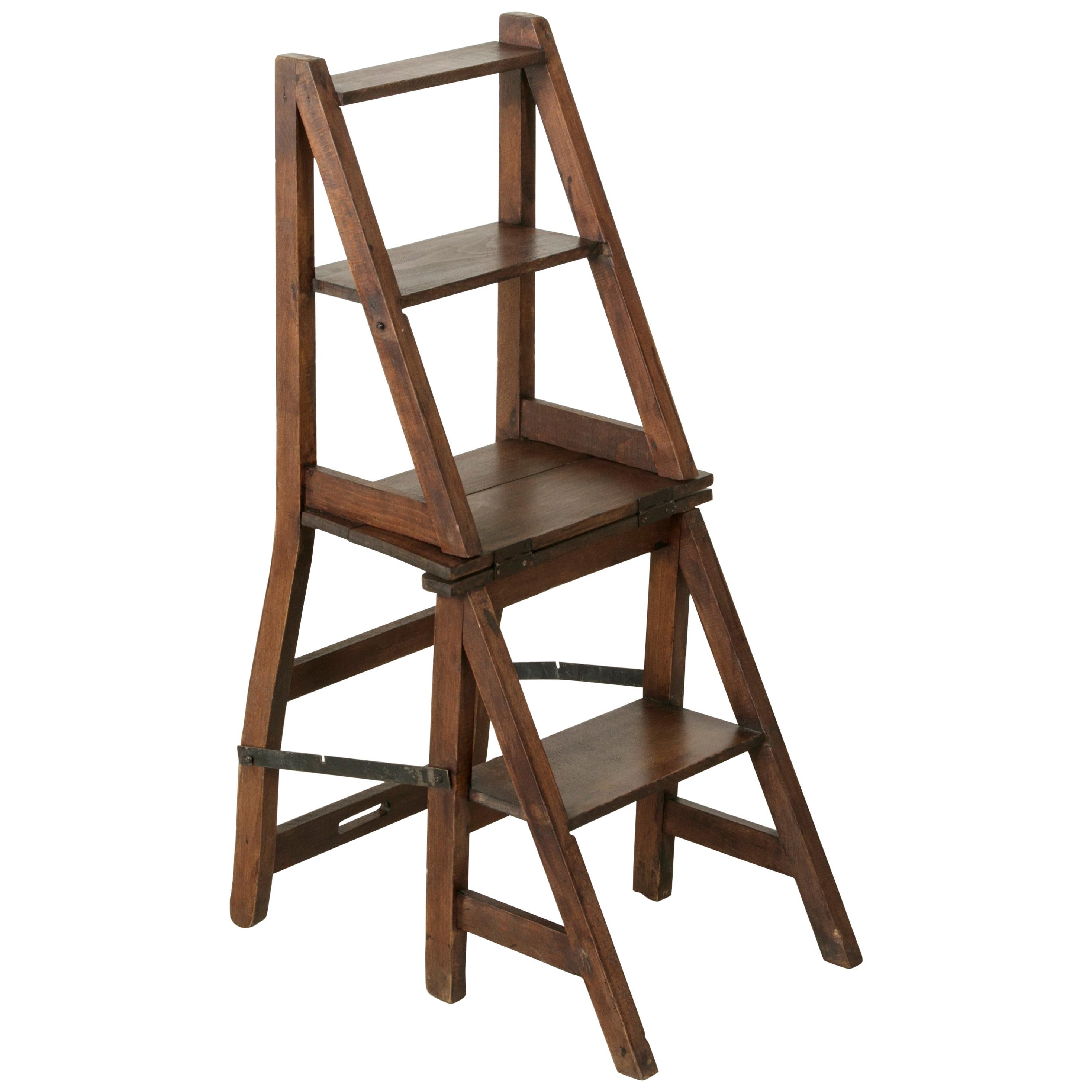 French Artisan-Made Oak Folding Ladder Chair or Library Ladder, circa 1900