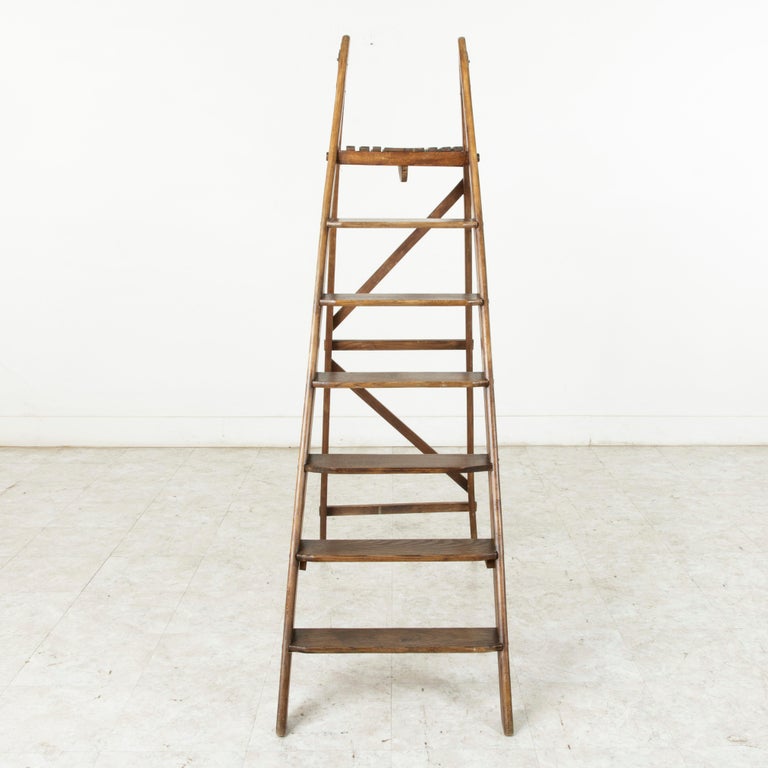 French Artisan-Made Oak Library Ladder with Platform Top, Iron Hinges ...