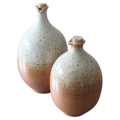 French Artisan Made Speckle Glazed Set of 2 Vases for Vinegar and Oil