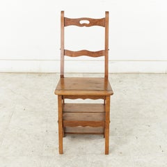 French Artisan-Made Walnut Folding Ladder Chair Library Ladder, circa 1900