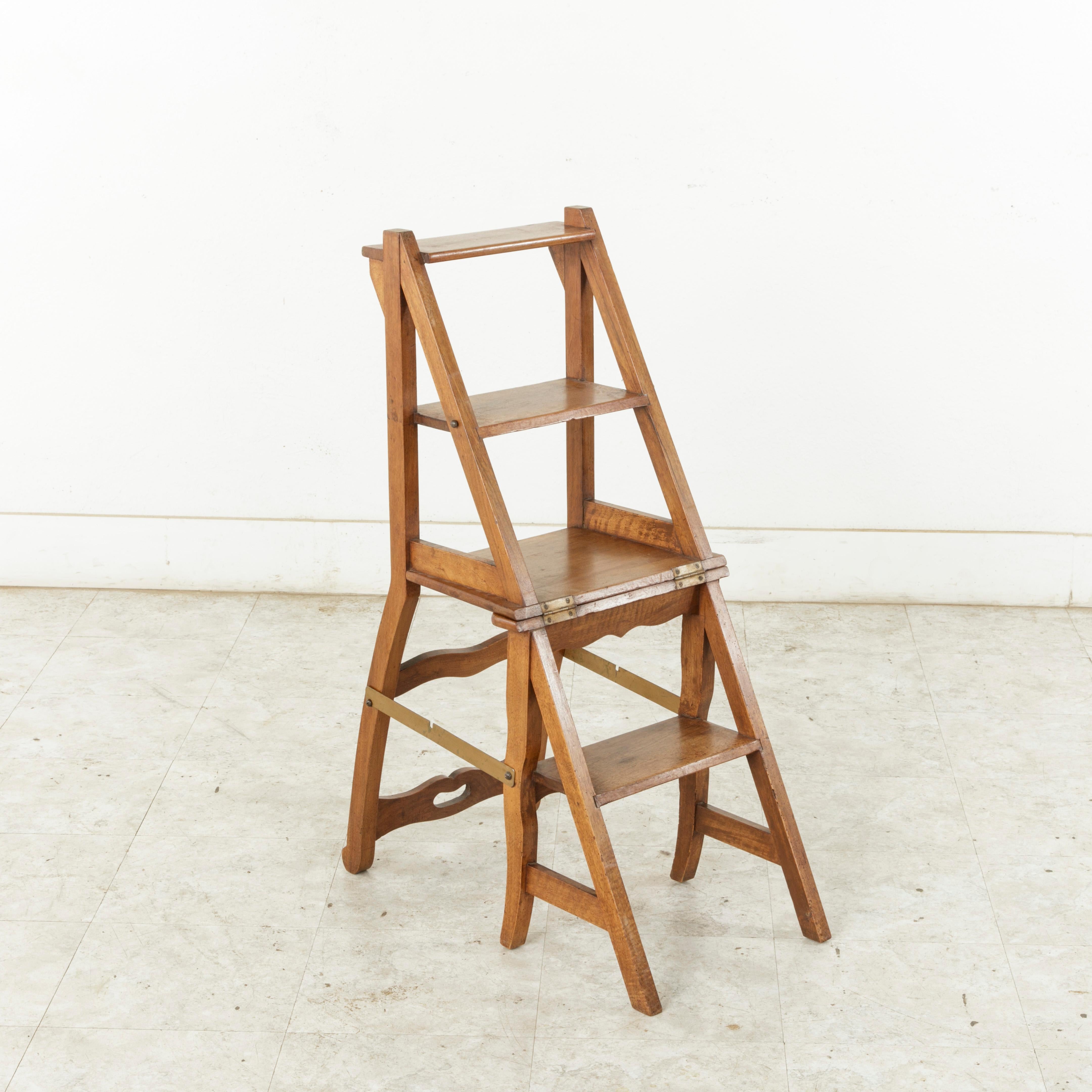 French Artisan-Made Walnut Folding Ladder Chair Library Ladder, circa 1900 1
