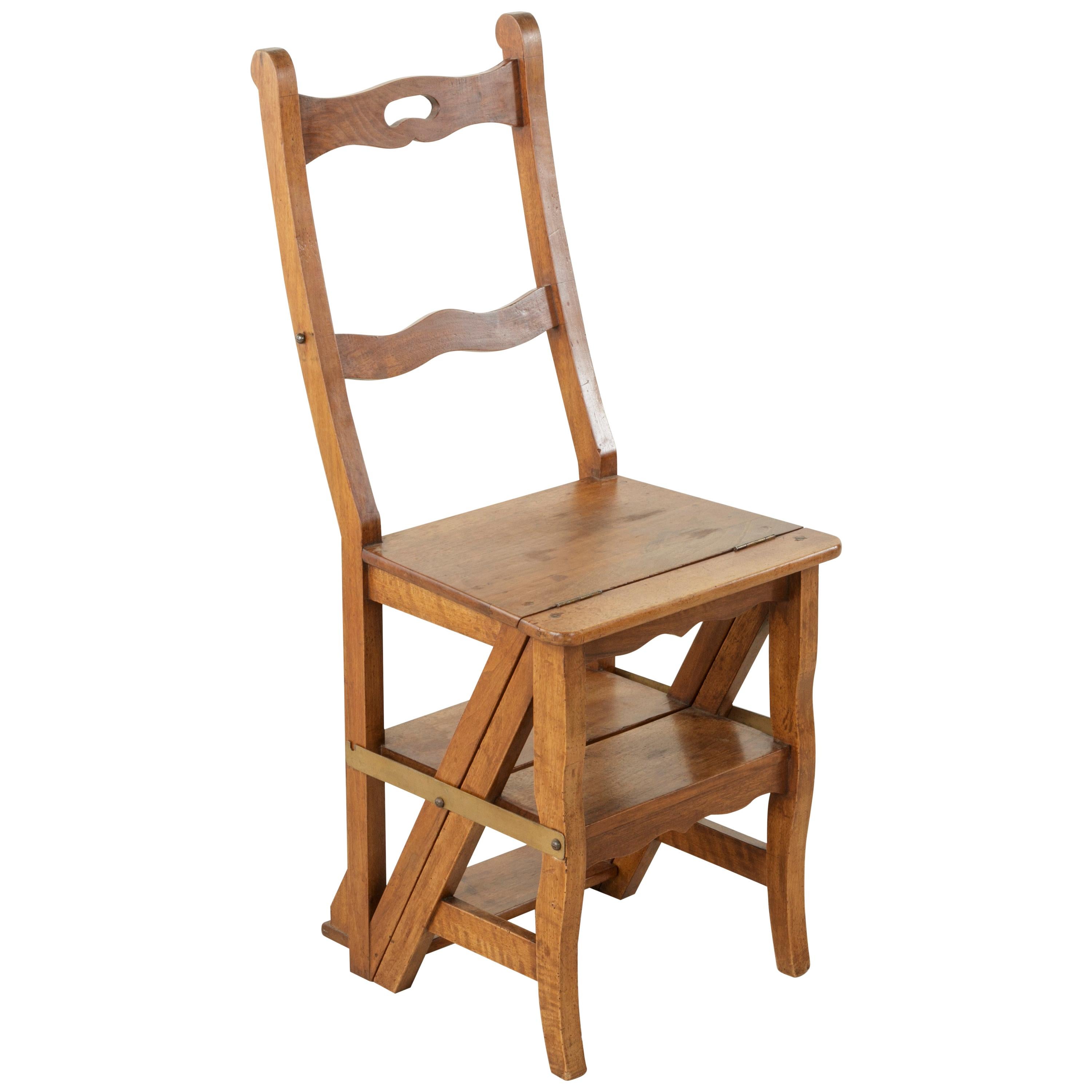 French Artisan-Made Walnut Folding Ladder Chair Library Ladder, circa 1900