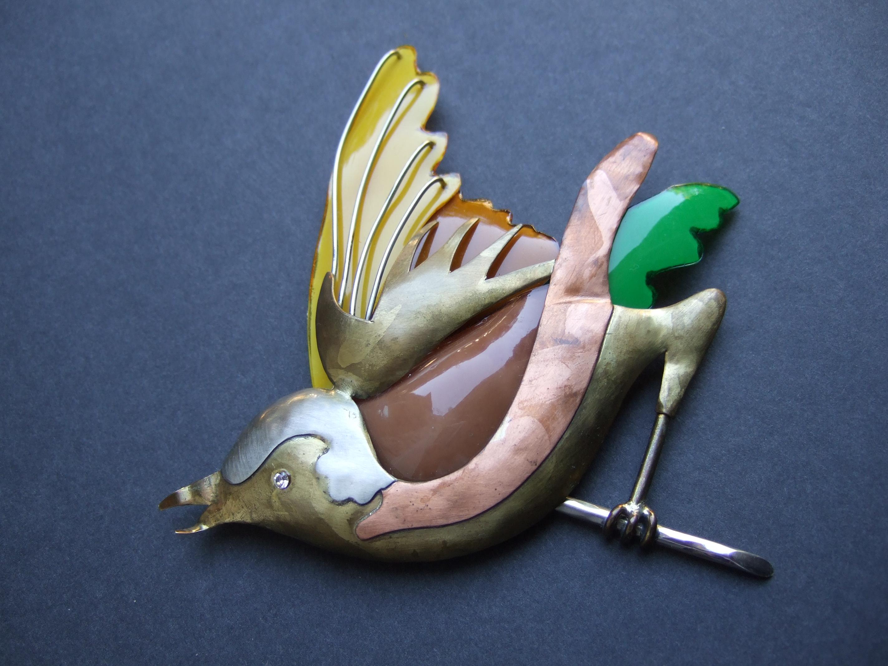 Women's French Artisan Mixed Metal Figural Enamel Bird Brooch Designed Fabrice Paris 