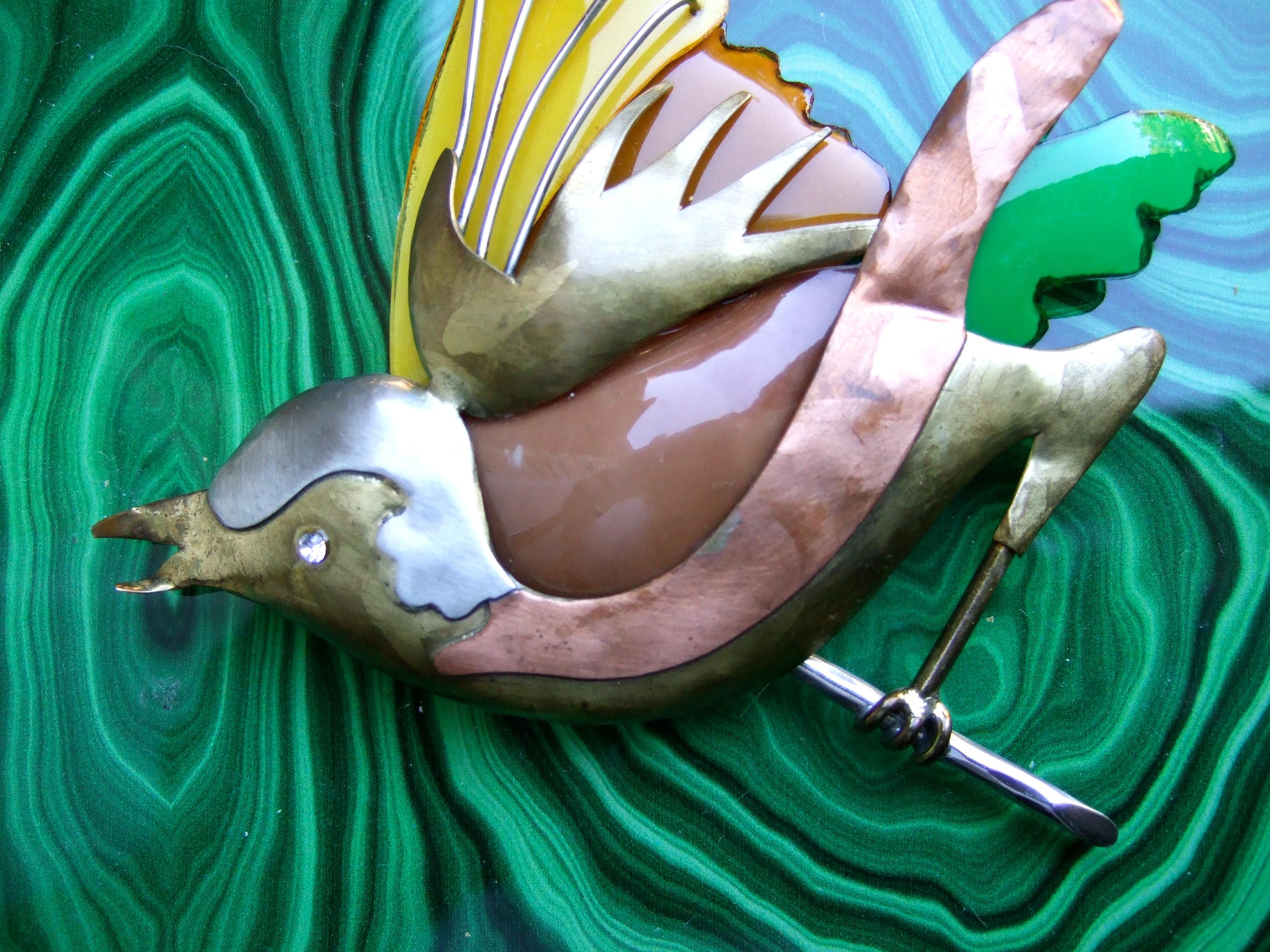 French Artisan Mixed Metal Figural Enamel Bird Brooch Designed Fabrice Paris  1