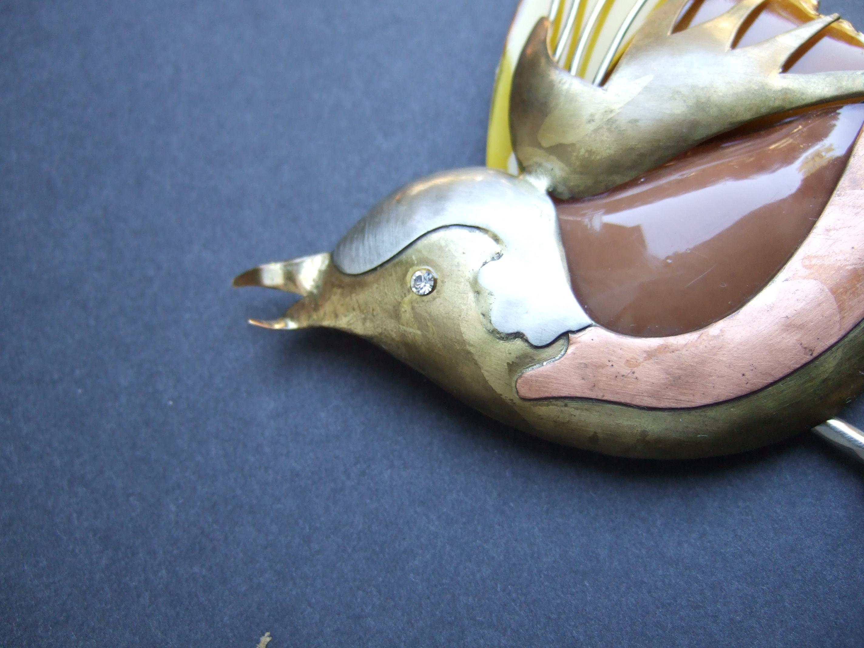 French Artisan Mixed Metal Figural Enamel Bird Brooch Designed Fabrice Paris  3