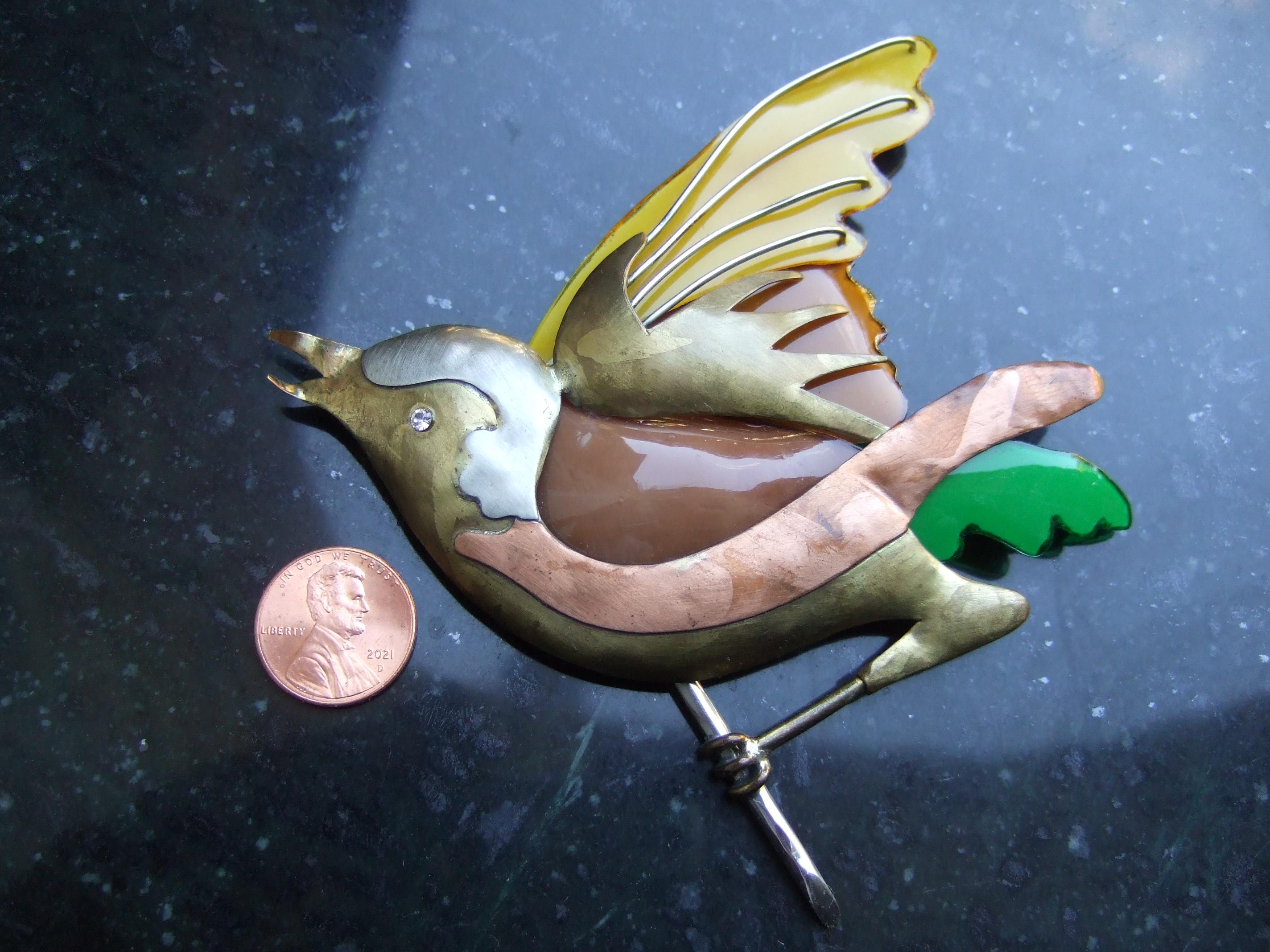 French Artisan Mixed Metal Figural Enamel Bird Brooch Designed Fabrice Paris  4