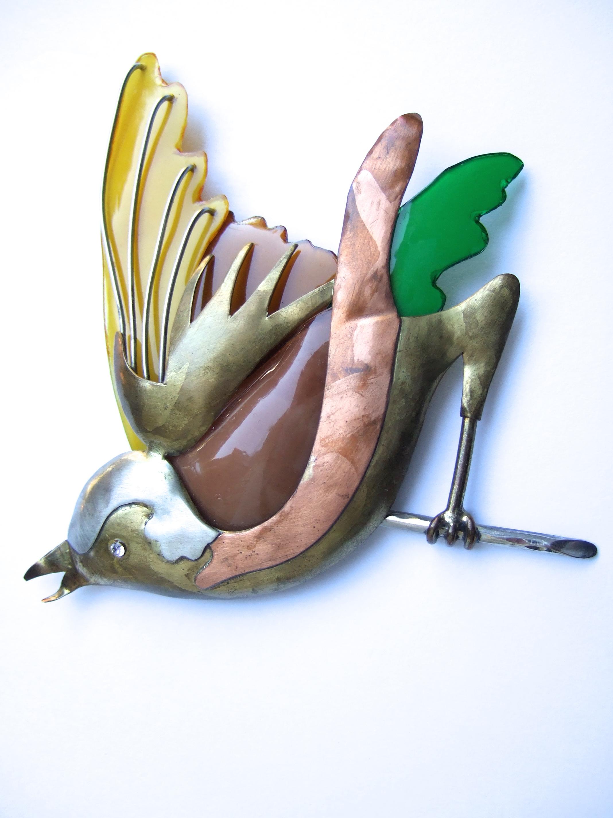 French Artisan Mixed Metal Figural Enamel Bird Brooch Designed Fabrice Paris  5