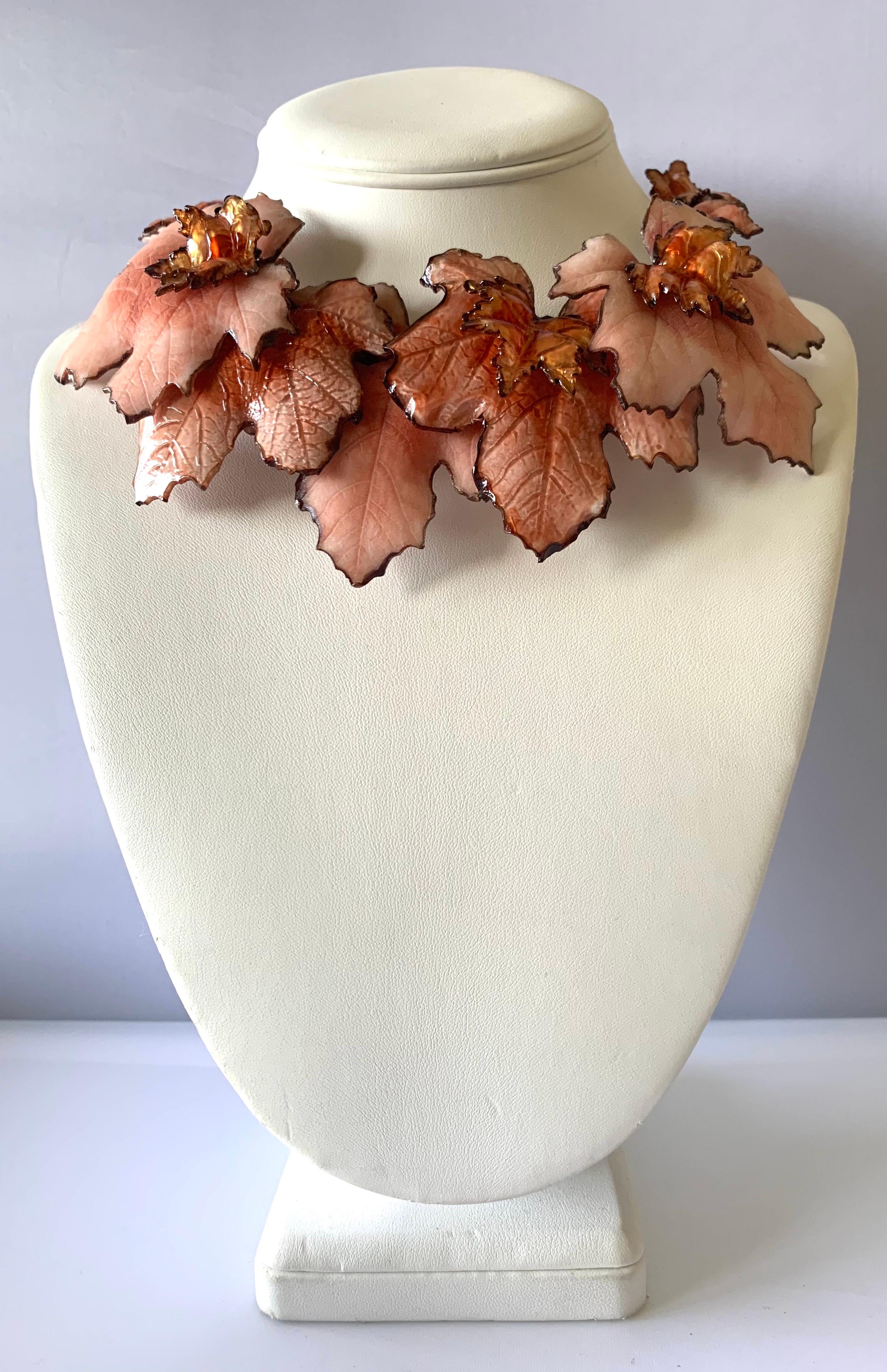 Contemporary French Artisan Pink Leaf Statement Necklace 