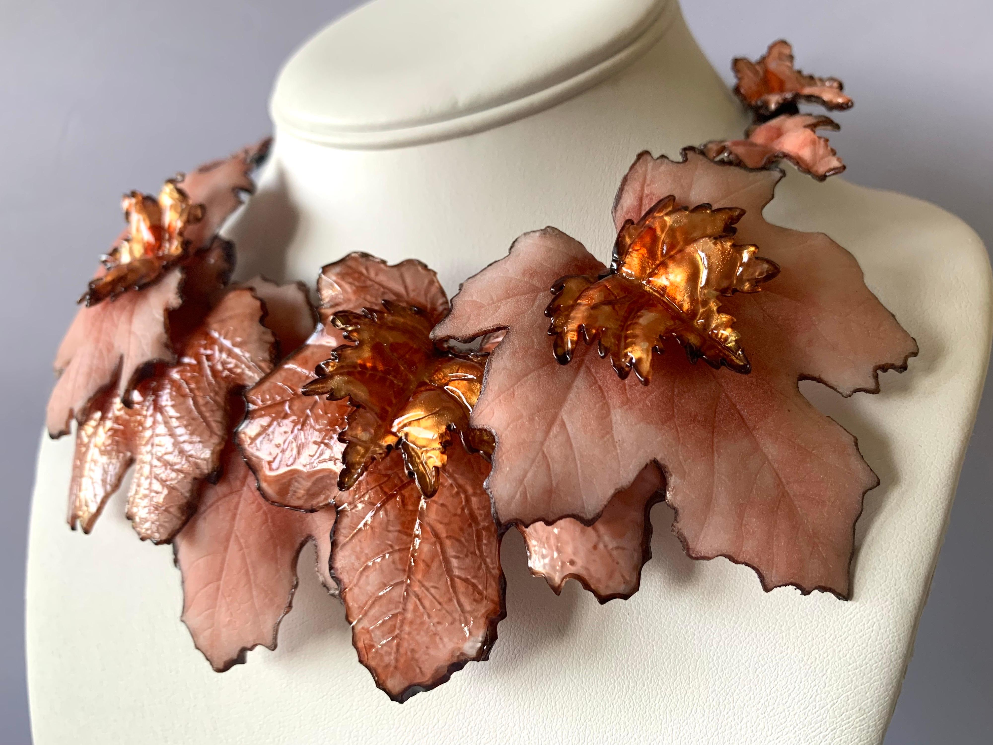 Women's French Artisan Pink Leaf Statement Necklace 