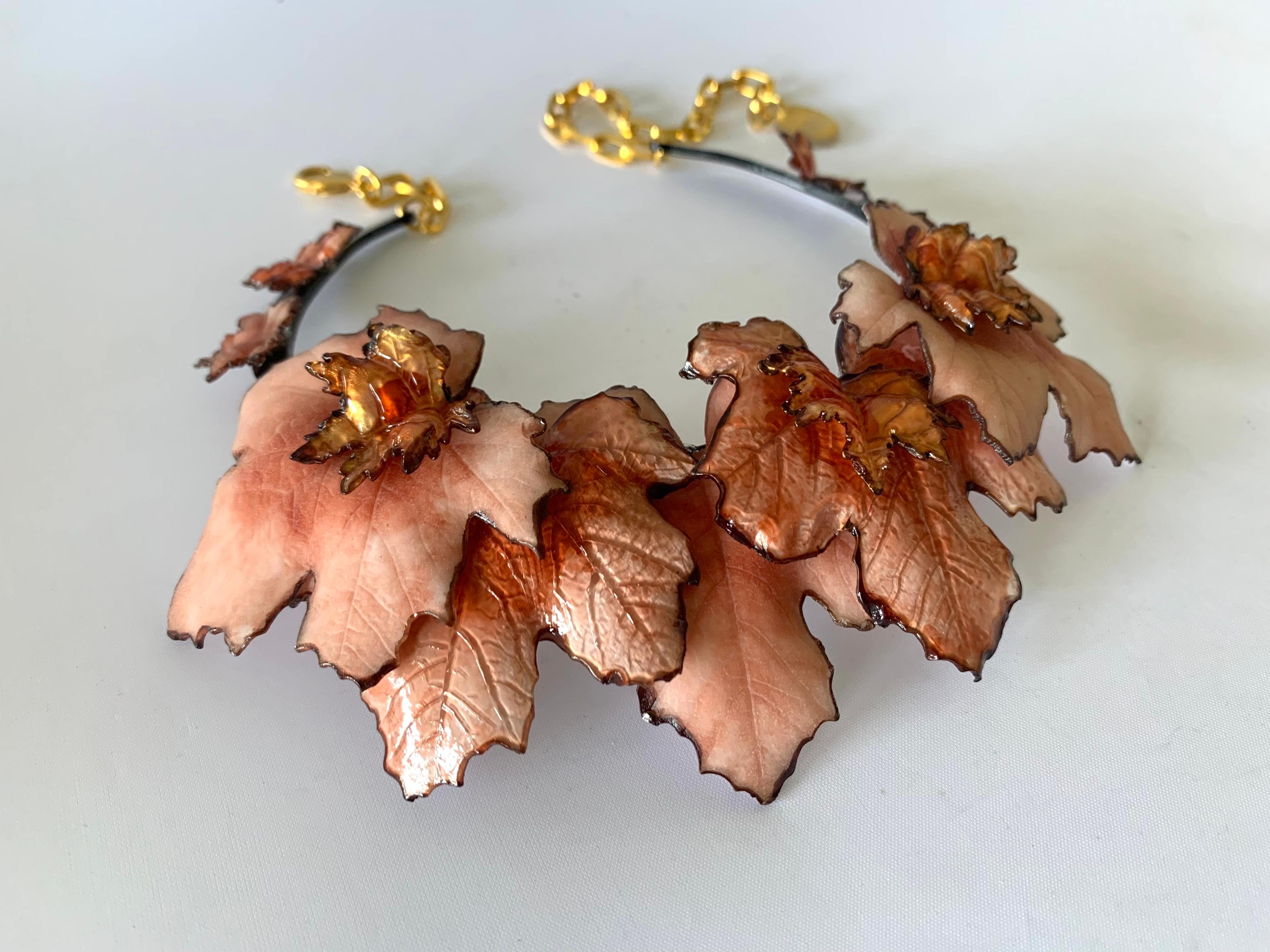 French Artisan Pink Leaf Statement Necklace  1
