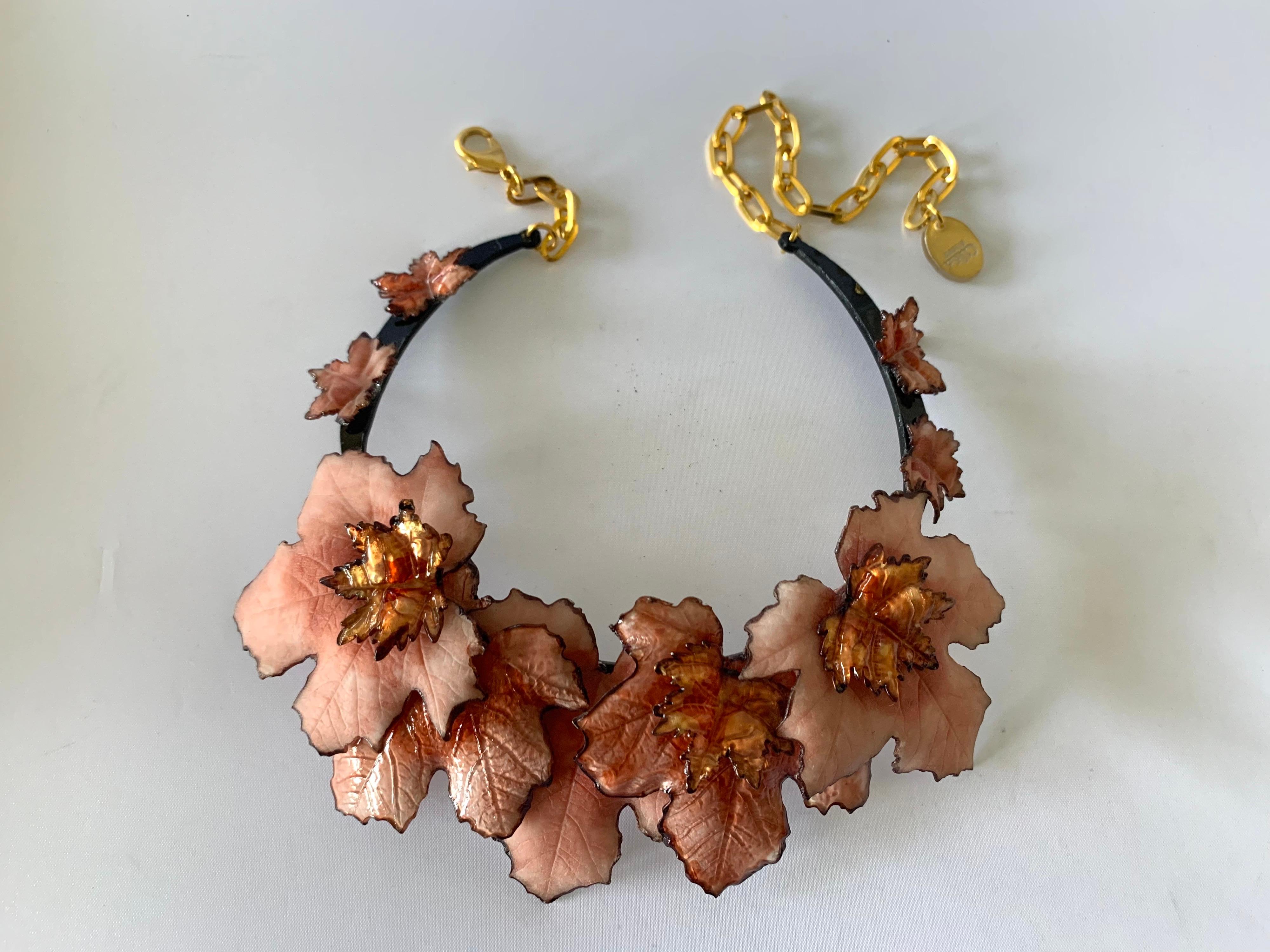 French Artisan Pink Leaf Statement Necklace  2