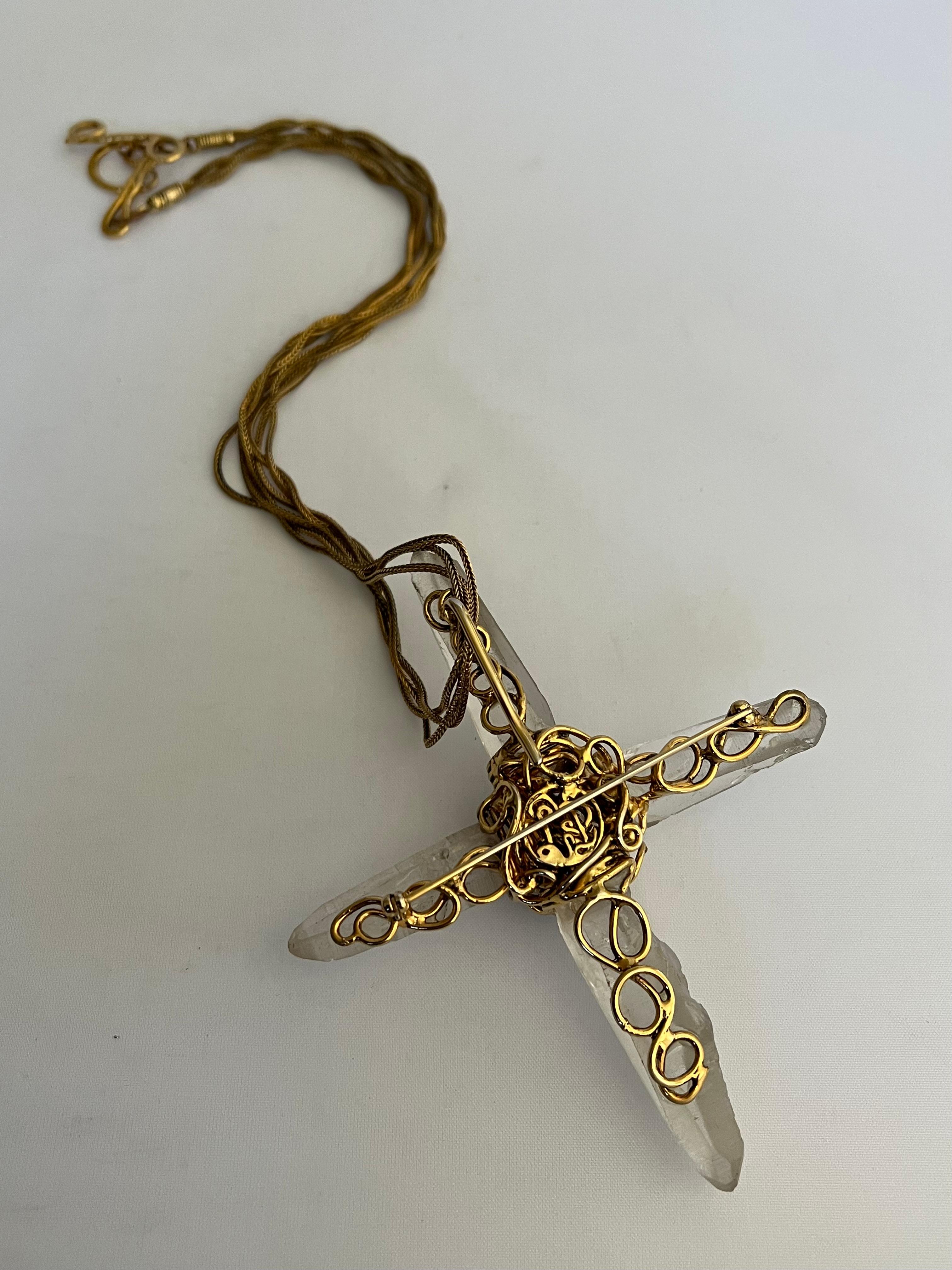 Women's or Men's French Artisan Rock Crystal Cross Pendant Necklace/Brooch 