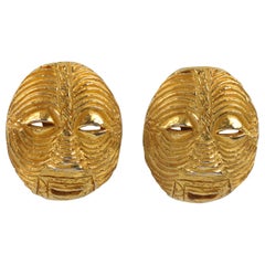 French Artisan Studio Signed Gilt Metal Tribal Mask Clip on Earrings