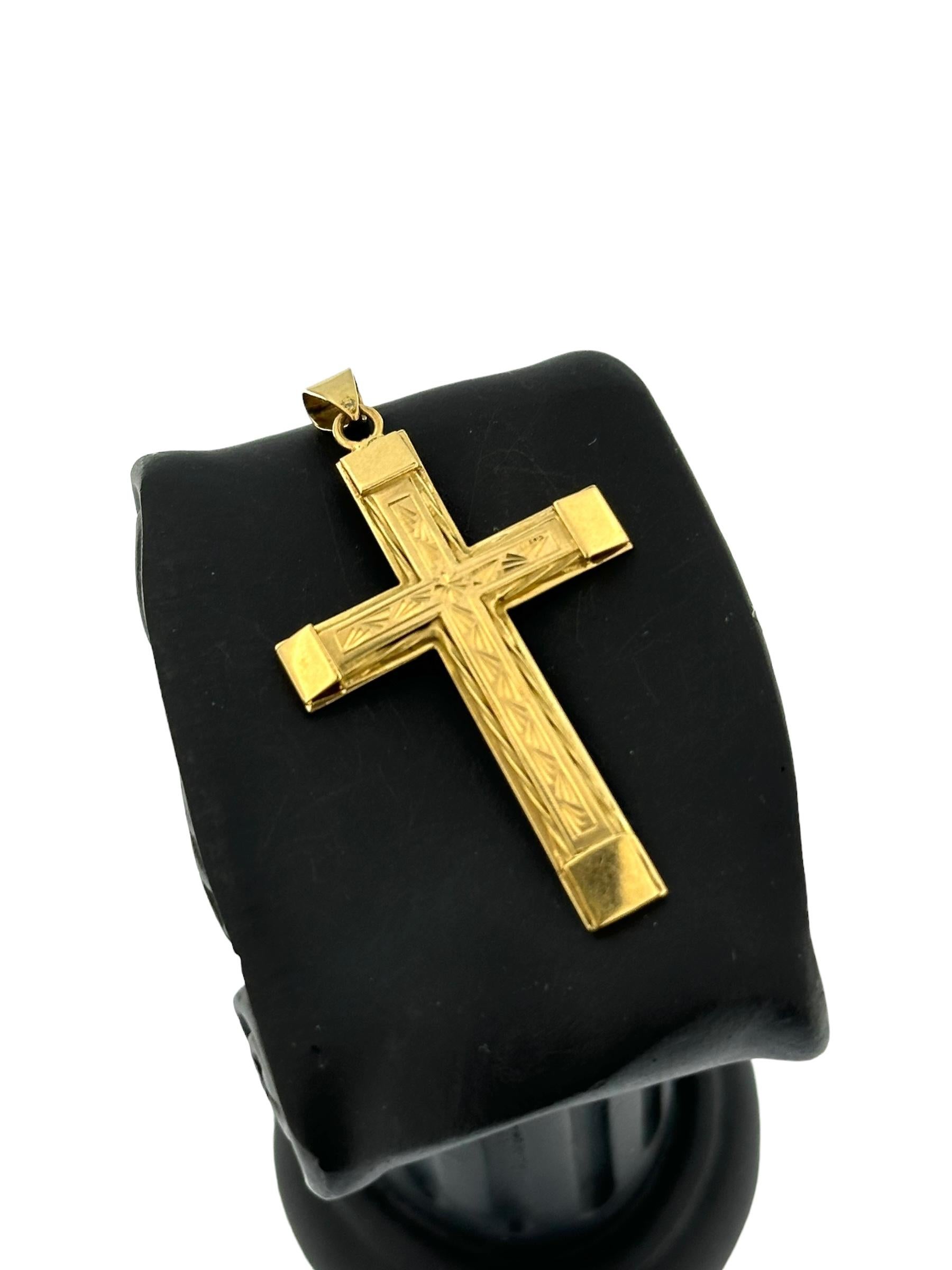French Artisan Yellow Gold Cross with Leaves Pattern Carving 1
