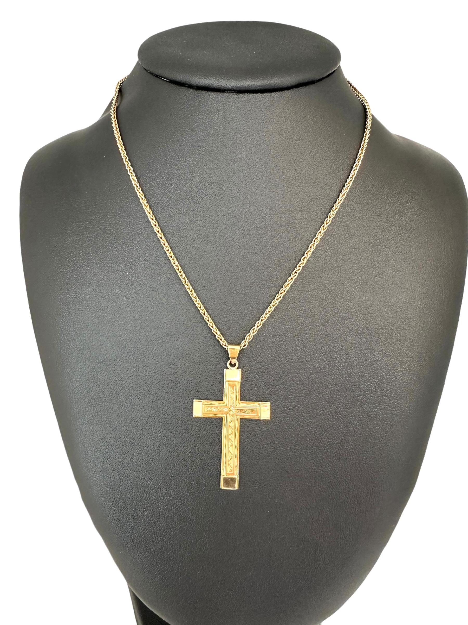 French Artisan Yellow Gold Cross with Leaves Pattern Carving 2