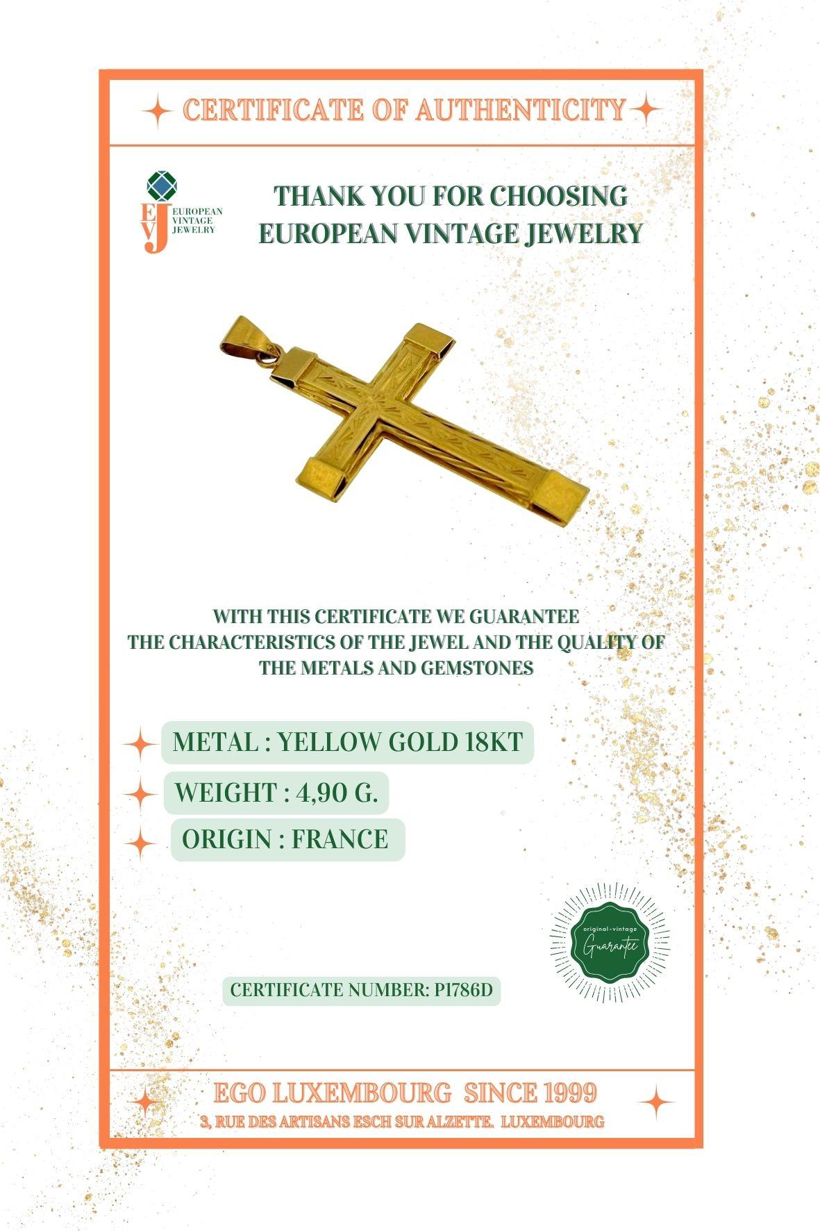 French Artisan Yellow Gold Cross with Leaves Pattern Carving 4