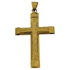 French Artisan Yellow Gold Cross with Leaves Pattern Carving