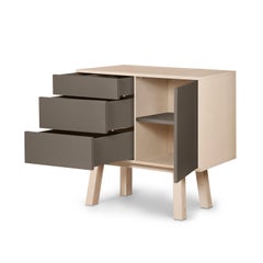 French designer artisanal chocolate-gray 1-door 3-drawer wooden cabinet