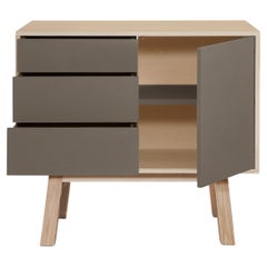 French designer artisanal chocolate-gray 1-door 3-drawer wooden cabinet