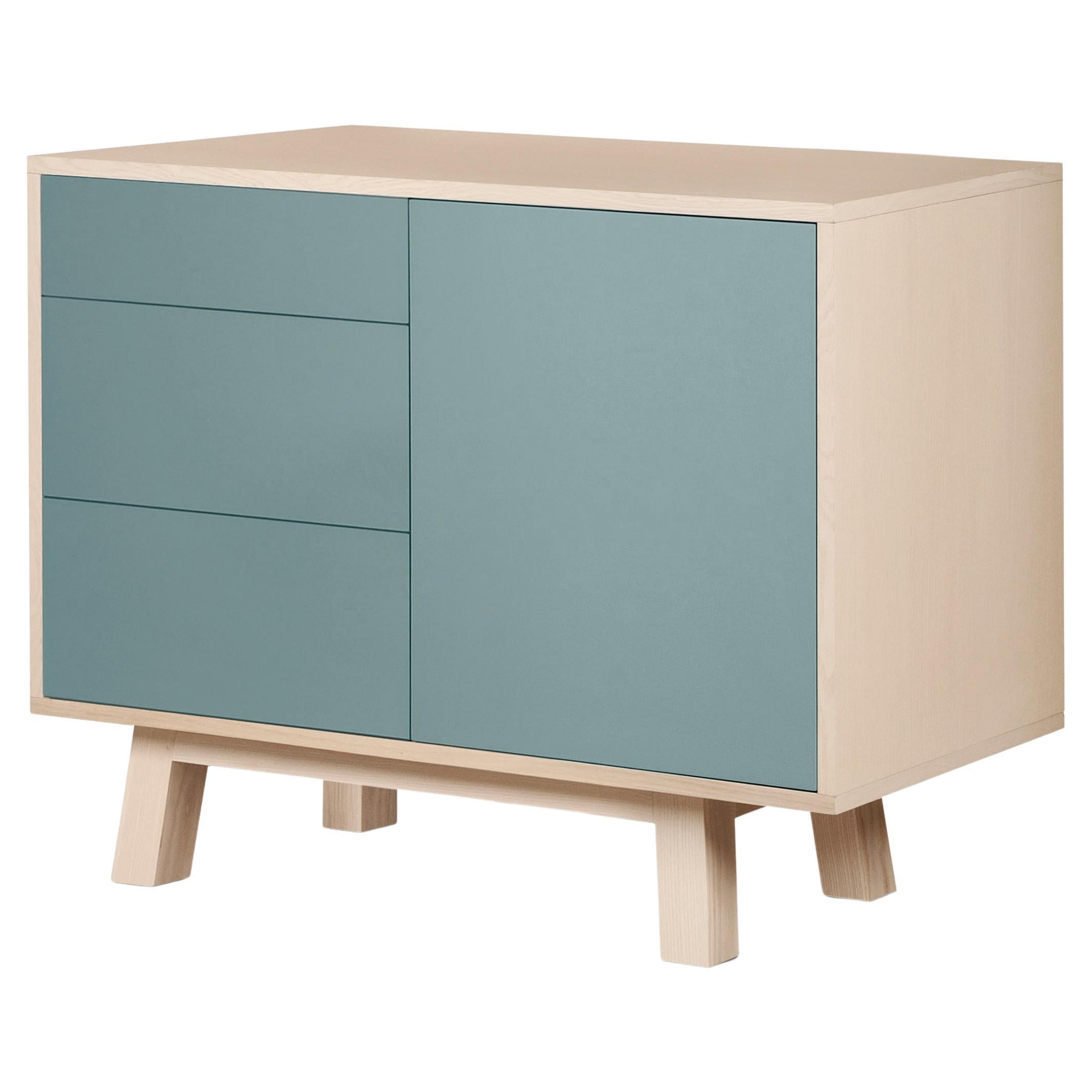 Armario bajo de madera artesanal francés 1 puerta 3 cajones gris azul