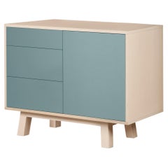 Armario bajo de madera artesanal francés 1 puerta 3 cajones gris azul