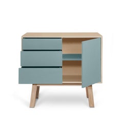 French artisanal 1-door 3-drawer gray blue wooden cabinet by designer E. Gizard
