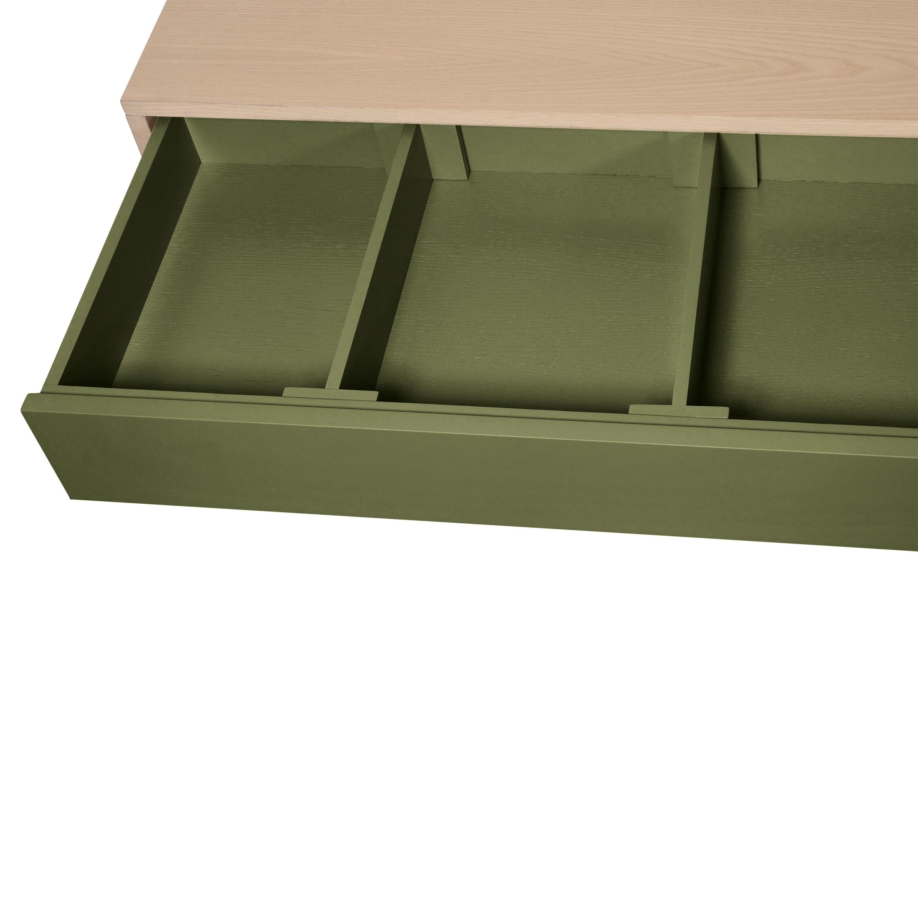 Aparador bajo artesanal francés de 1 puerta y 3 cajones de madera verde de E. Gizard, París Carpintería en venta