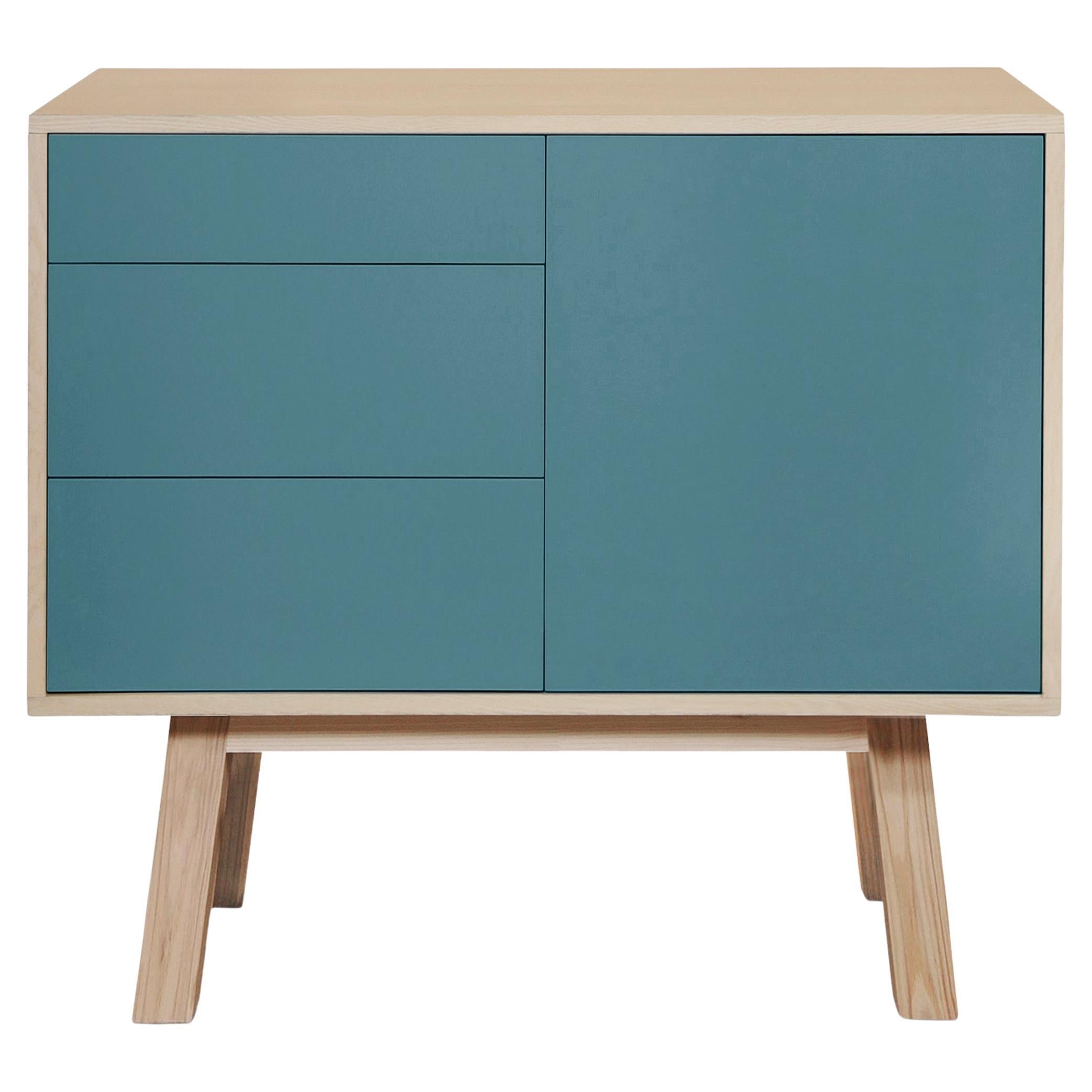 French artisanal 1-door 3-drawer light blue customizable design wooden sideboard