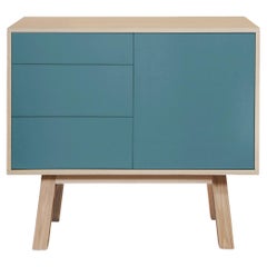 French artisanal 1-door 3-drawer light blue customizable design wooden sideboard