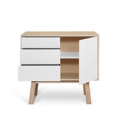 French artisanal 1-door 3-drawer white wooden cabinet design by E. Gizard, Paris