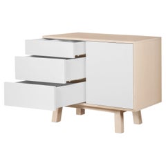 Petit buffet bas en bois blanc artisanal 1 porte 3 tiroirs