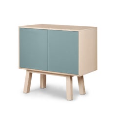 French artisanal 2-door blue gray high wooden cabinet, by Eric Gizard, Paris