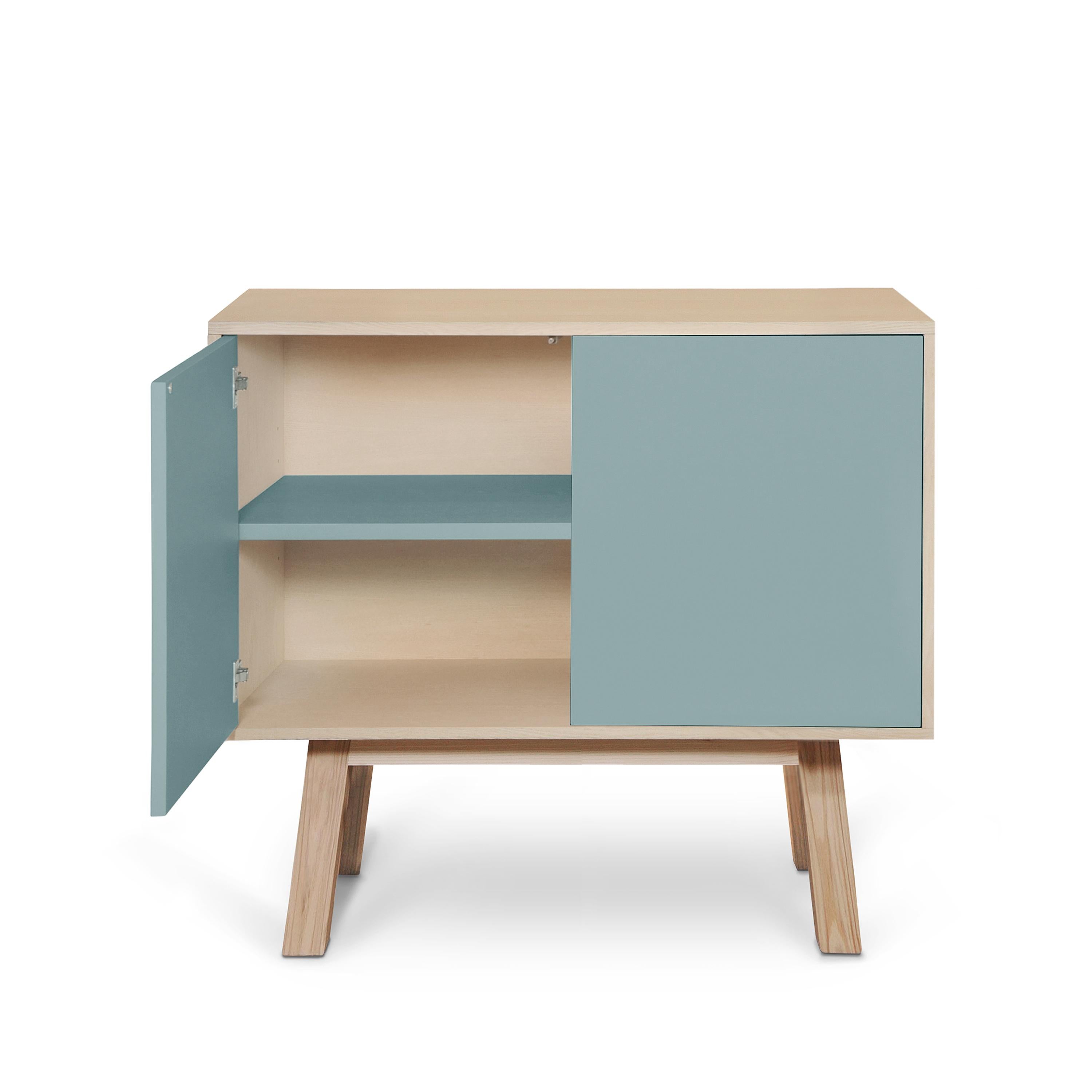 Contemporary French artisanal 2-door blue gray high wooden cabinet, by Eric Gizard, Paris For Sale