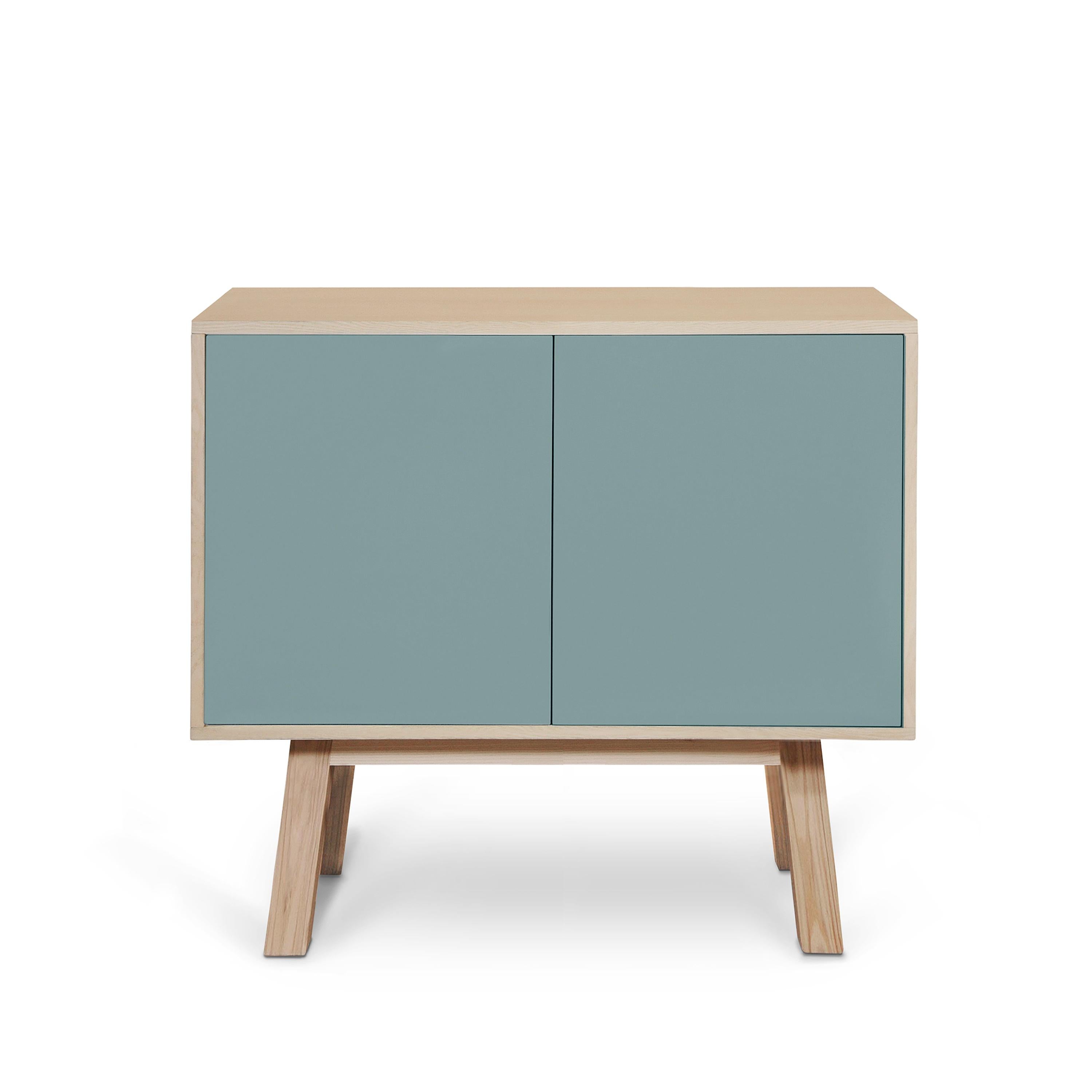Wood French artisanal 2-door blue gray high wooden cabinet, by Eric Gizard, Paris For Sale