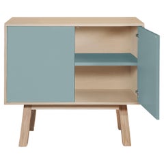 French artisanal 2-door blue gray high wooden cabinet, by Eric Gizard, Paris