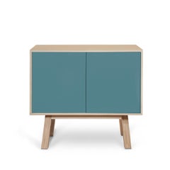 French artisanal 2-door light blue high wooden cabinet, by Eric Gizard, Paris