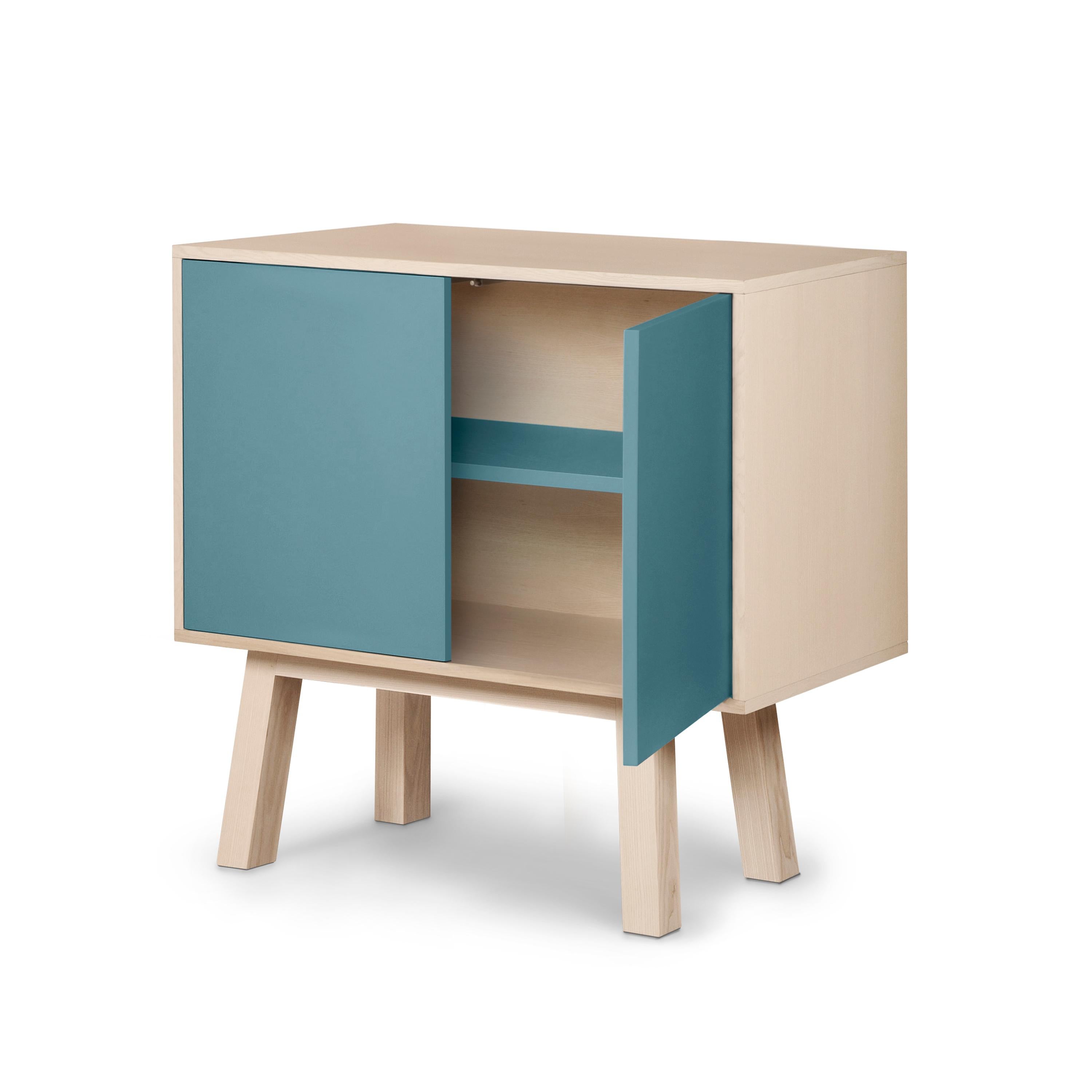 Scandinavian Modern French artisanal 2-door light blue high wooden cabinet, by Eric Gizard, Paris For Sale