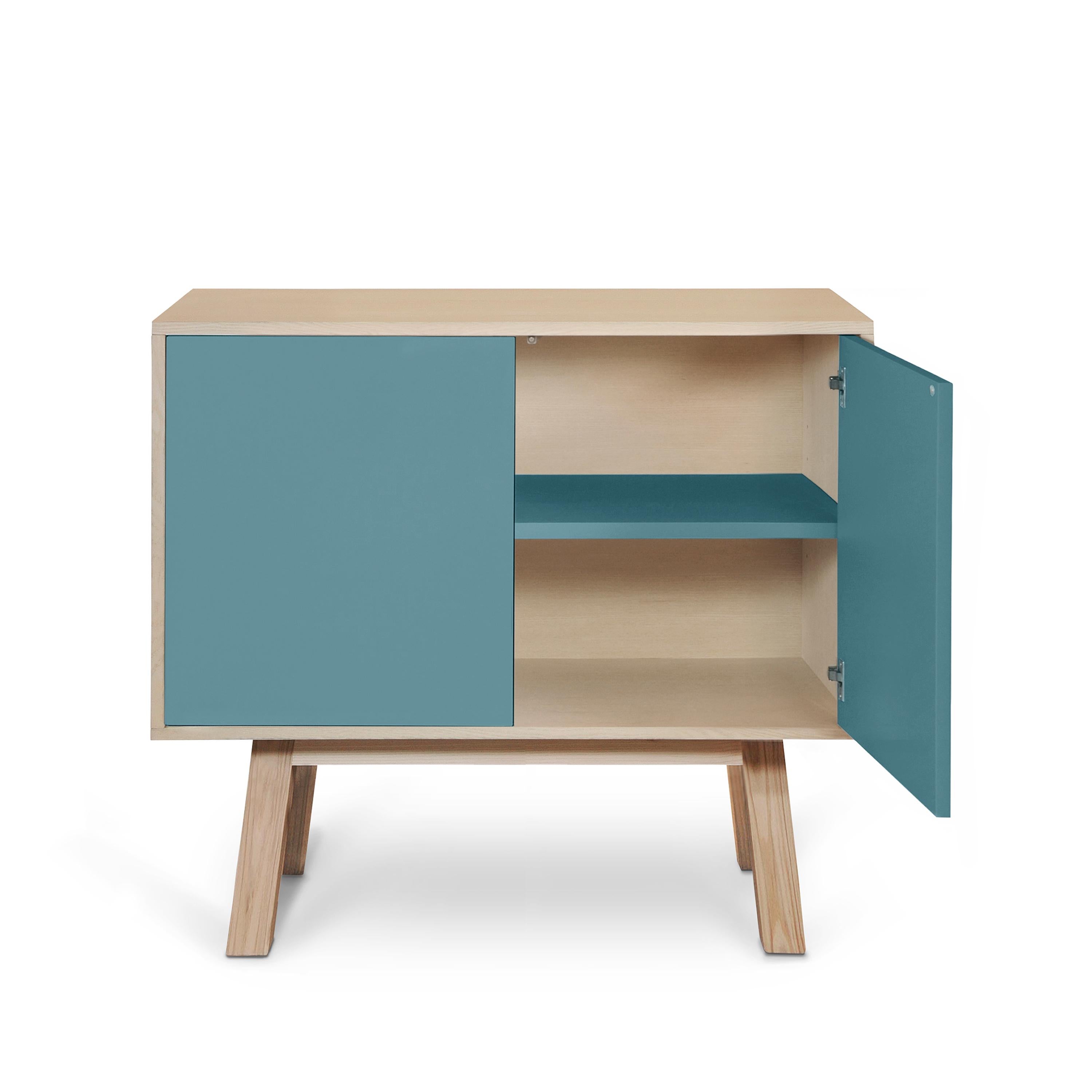 Contemporary French artisanal 2-door light blue high wooden cabinet, by Eric Gizard, Paris For Sale