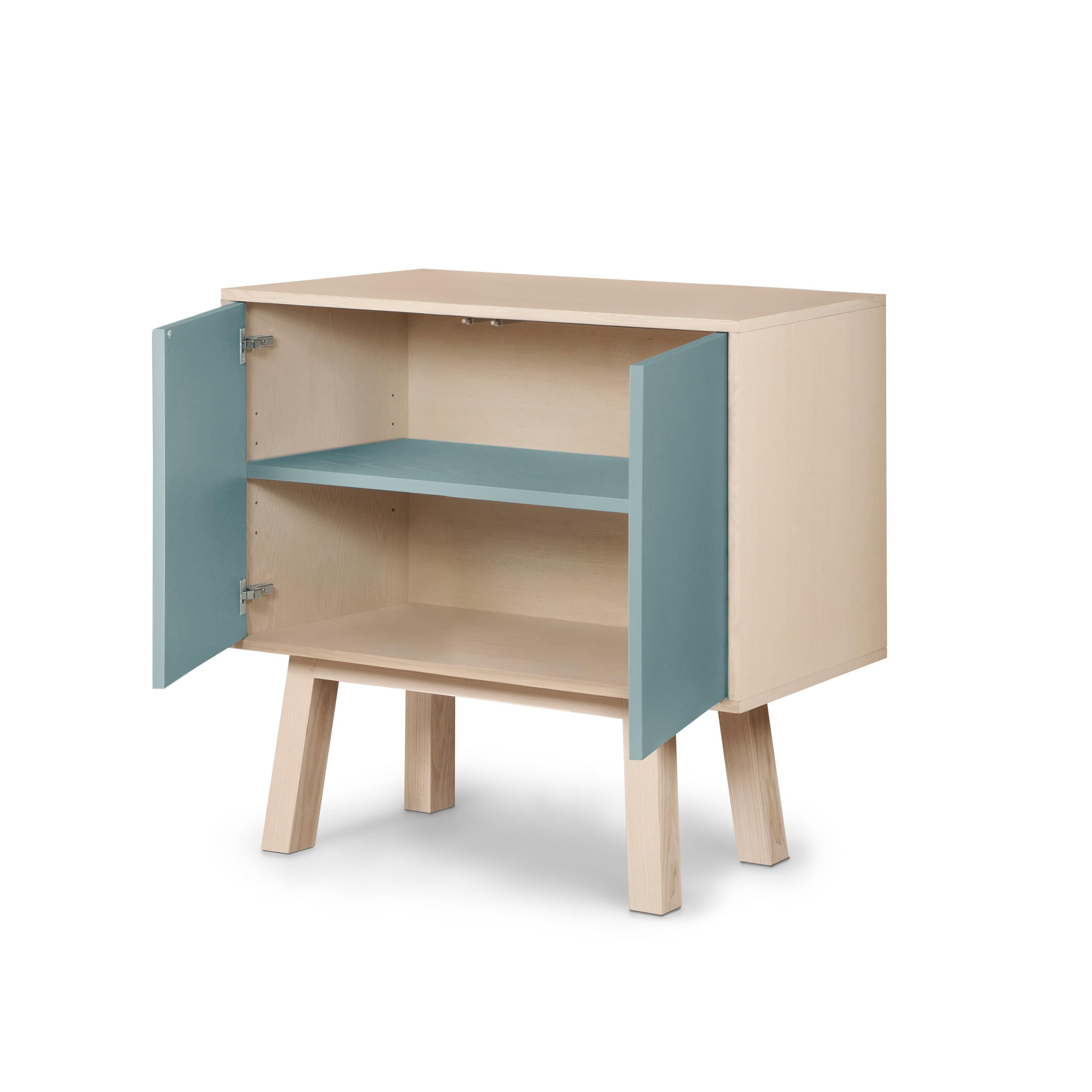 French artisanal 2-door light blue high wooden cabinet, by Eric Gizard, Paris For Sale 1