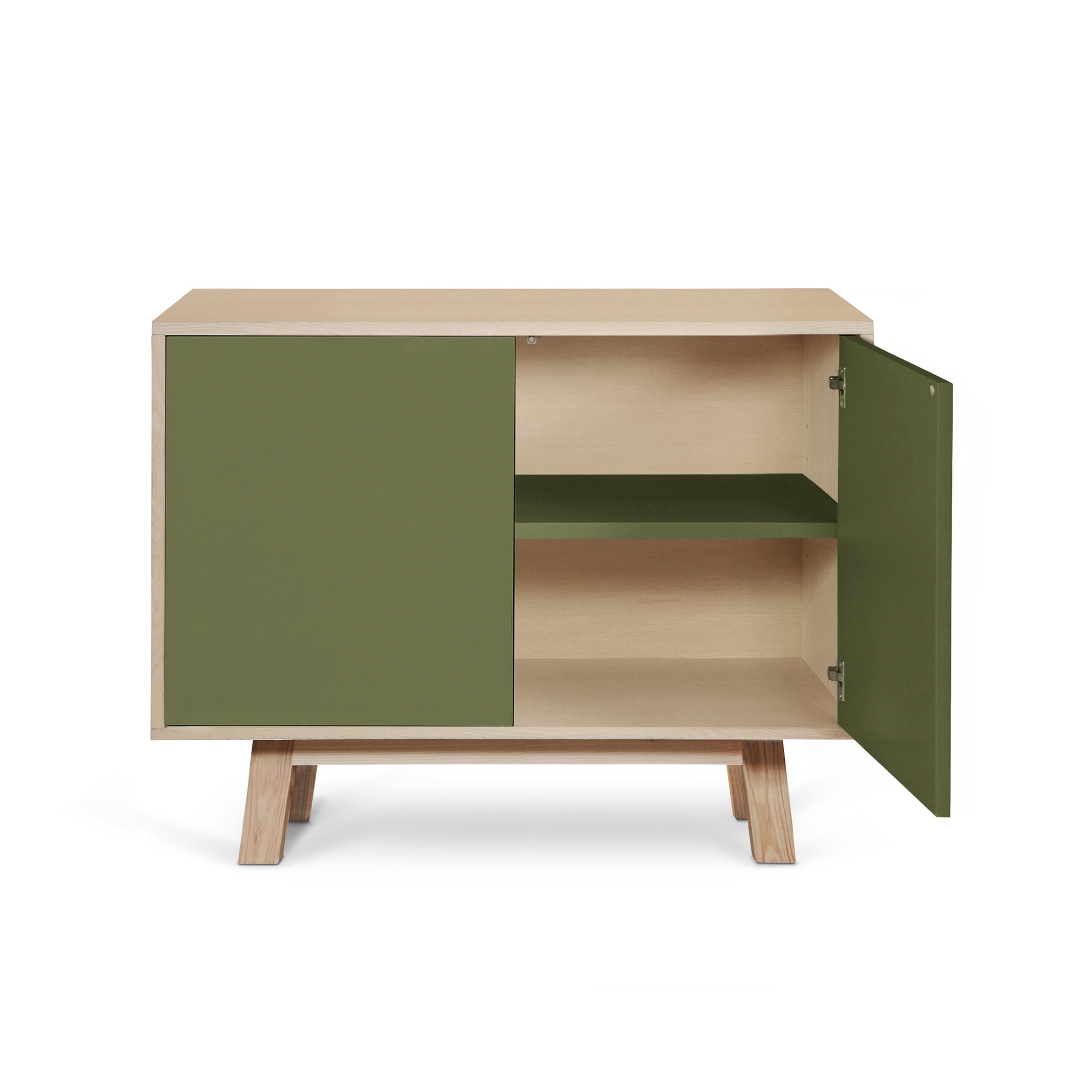 Mueble bajo artesanal francés de 2 puertas de madera verde, diseñado por Eric Gizard, París Siglo XXI y contemporáneo en venta