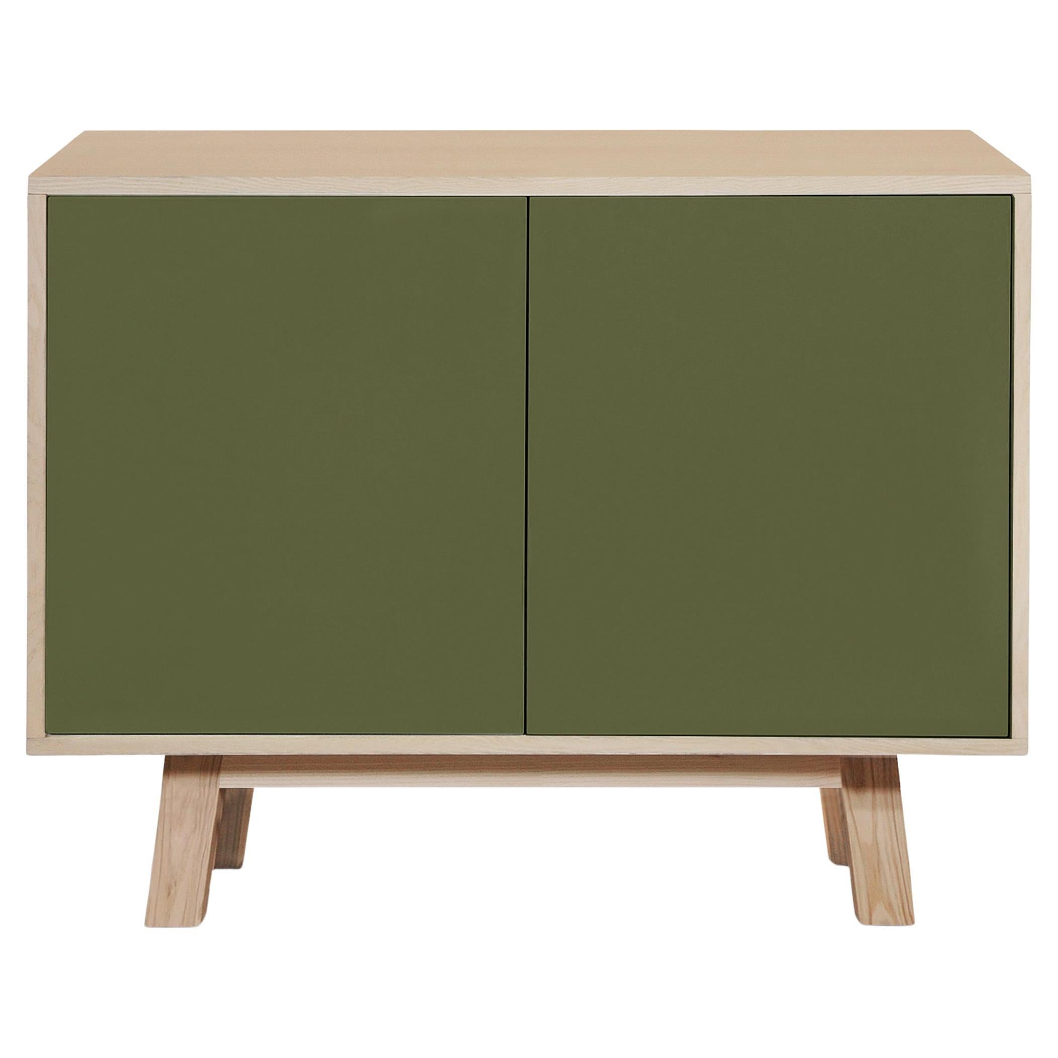 French artisanal 2-door green low wooden cabinet, designed by Eric Gizard, Paris