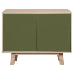 French artisanal 2-door green low wooden cabinet, designed by Eric Gizard, Paris