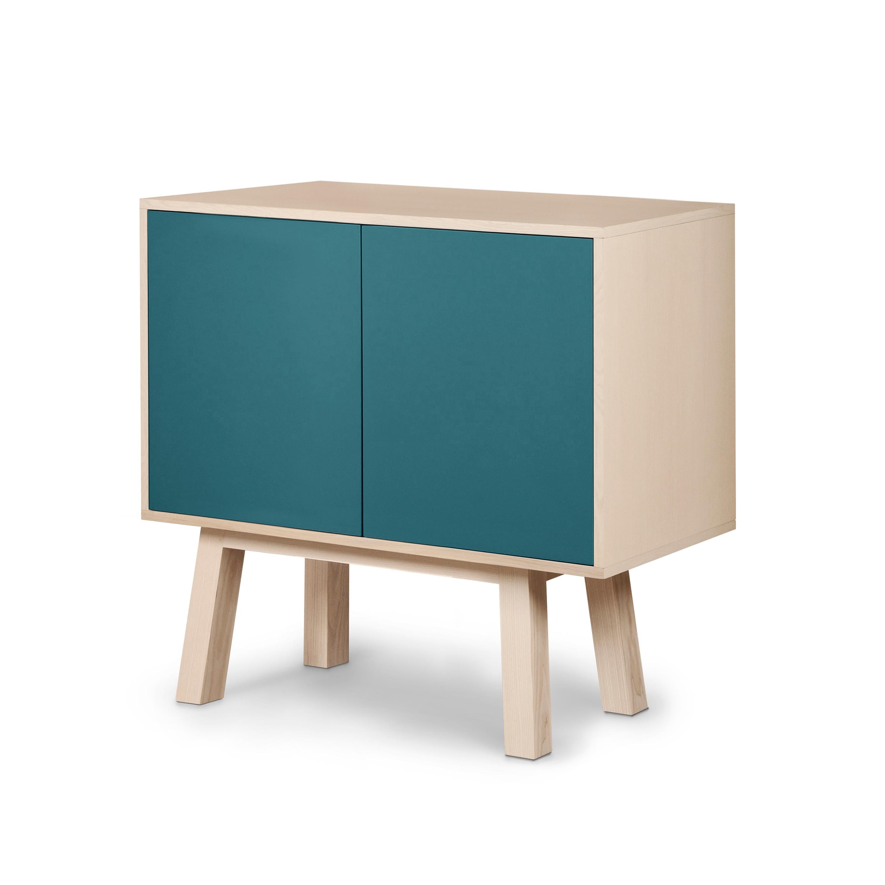 Scandinavian Modern French artisanal 2-door sea blue high wooden cabinet, by Eric Gizard, Paris For Sale