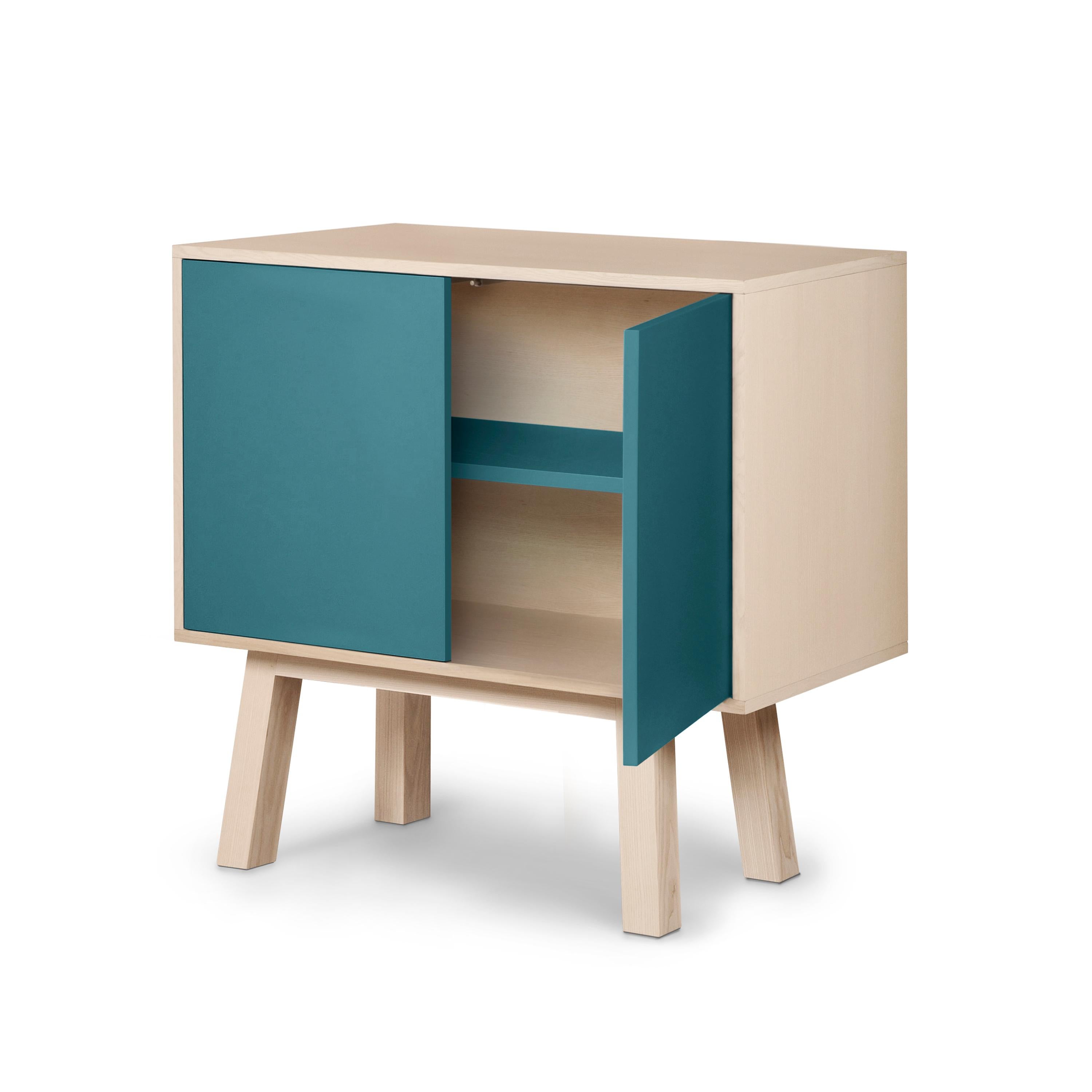 Lacquered French artisanal 2-door sea blue high wooden cabinet, by Eric Gizard, Paris For Sale